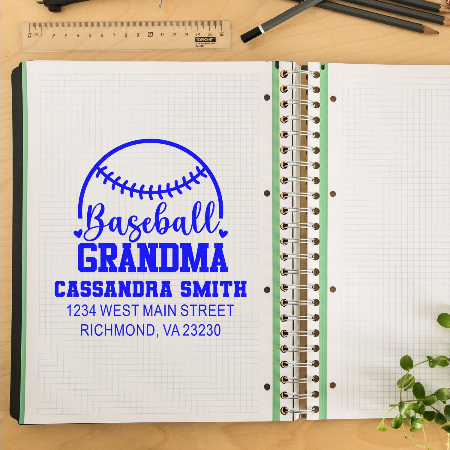 Custom baseball grandma address rubber stamp with name and address, ideal for personalized sports fan stationery and gifts.