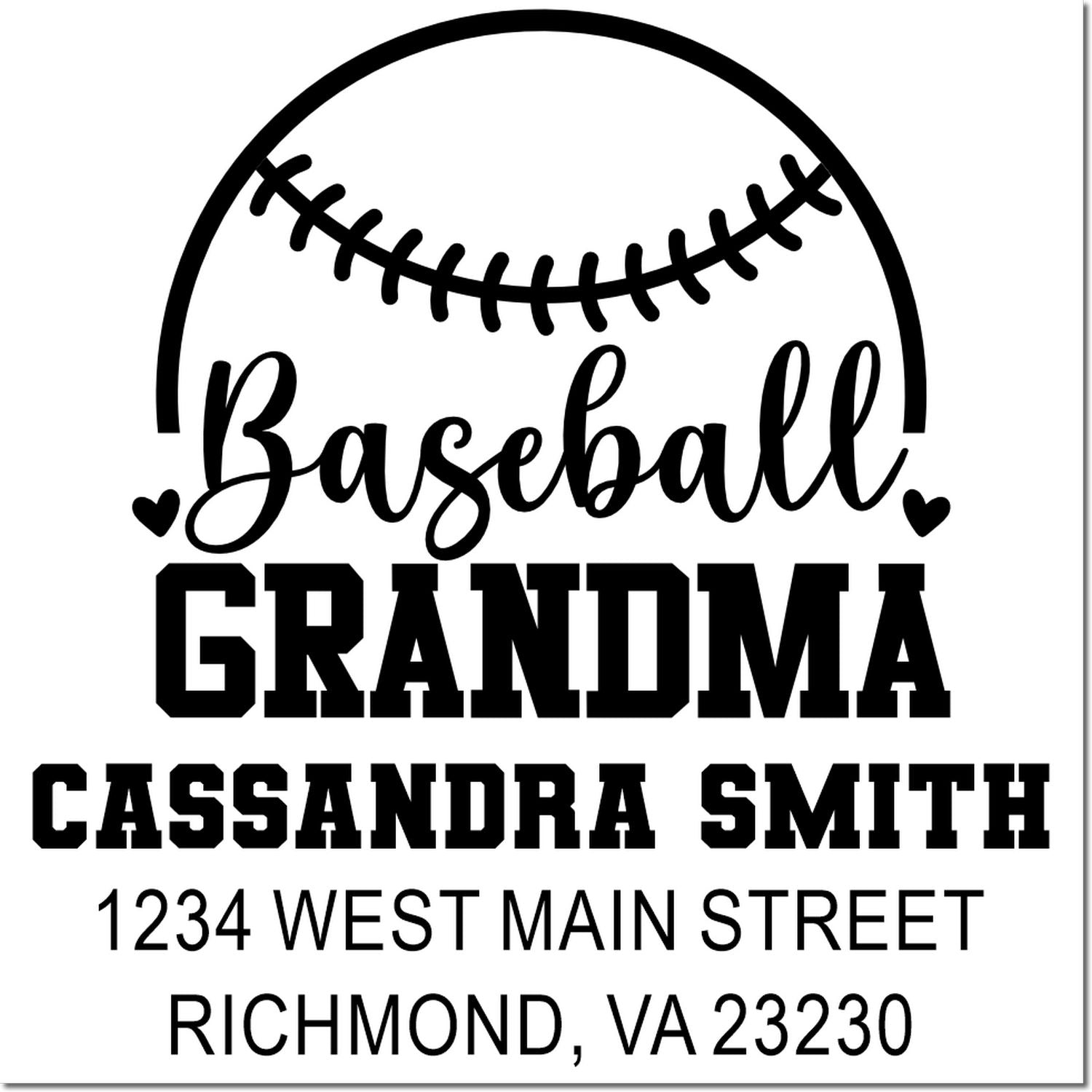 Custom baseball grandma rubber stamp design with name and address for personalized sports fan mail, gifts, or crafts.