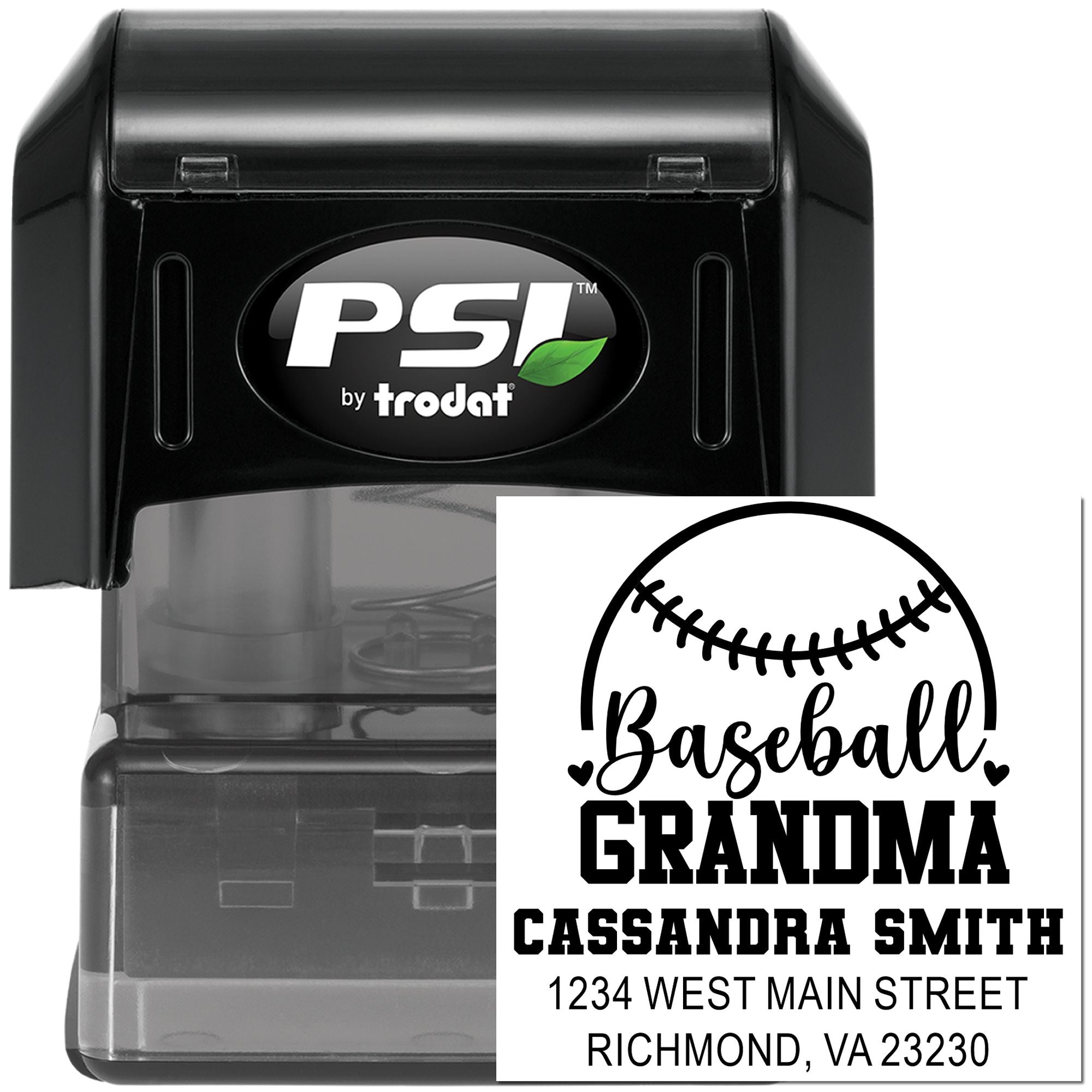 Custom self-inking rubber address stamp for Baseball Grandma, with name and mailing address.
