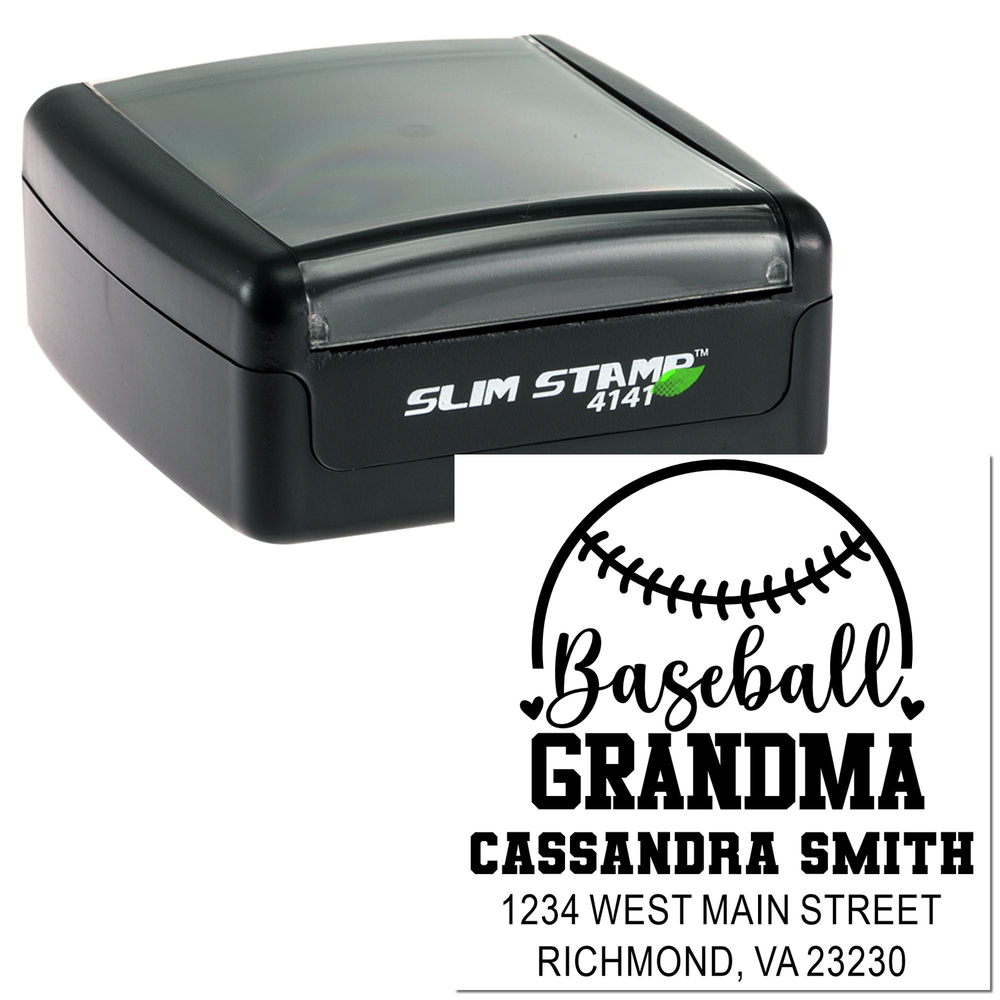 Custom self-inking rubber stamp with baseball grandma address design for personalized mailing and gift use.