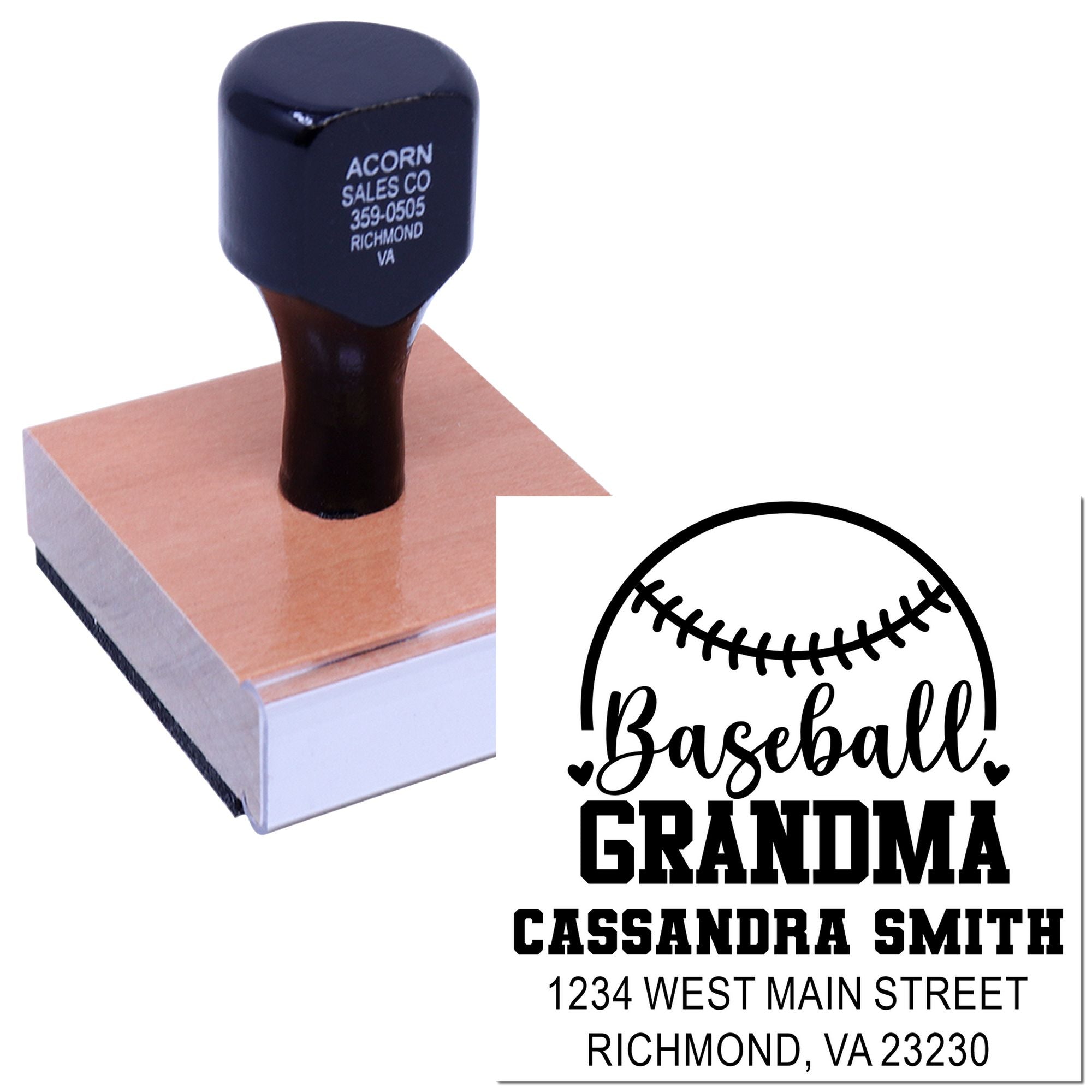 Custom self-inking rubber stamp with baseball grandma design and return address imprint for personalized mailing.