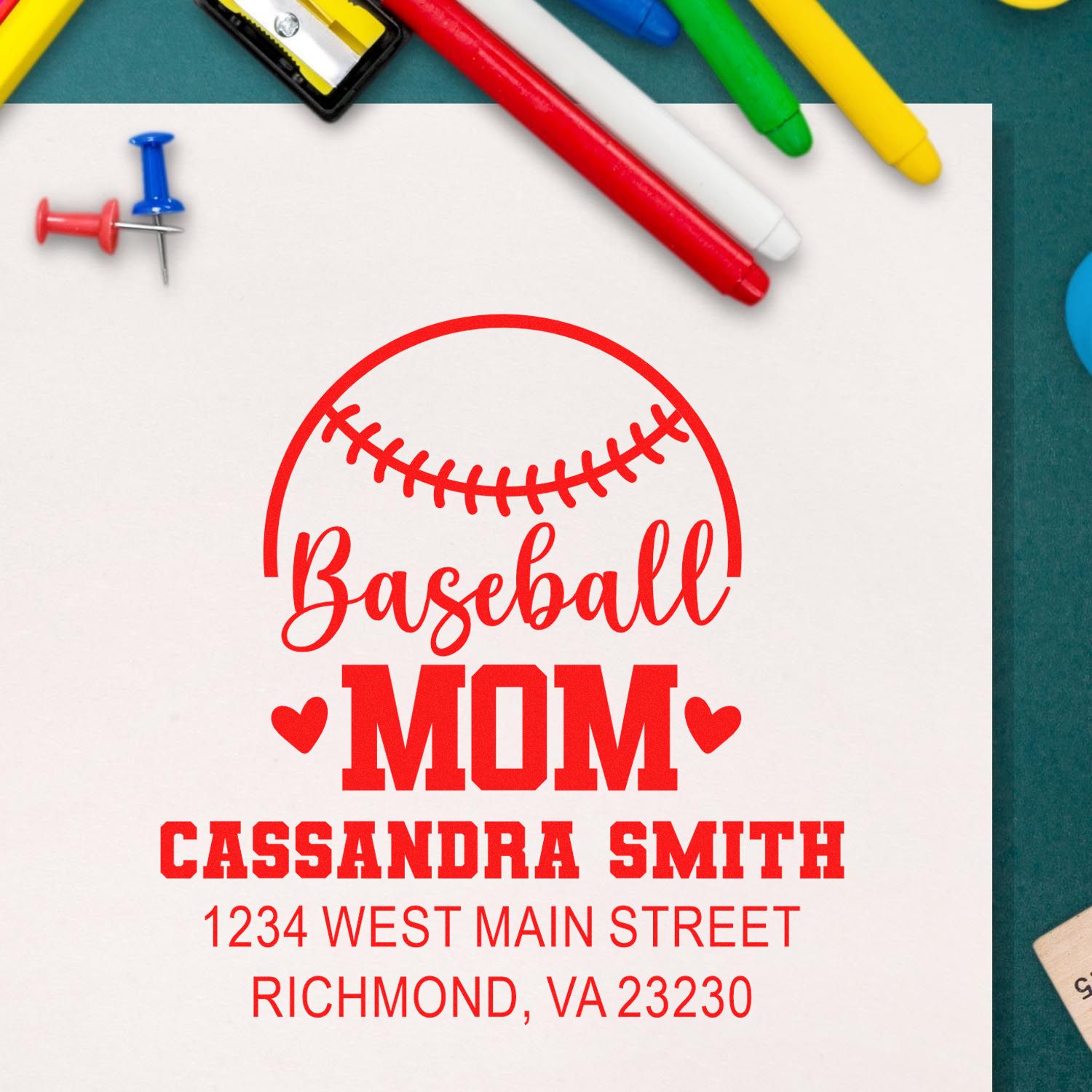 Custom Baseball Mom address rubber stamp with name and address, perfect for sports-themed mail and stationery.