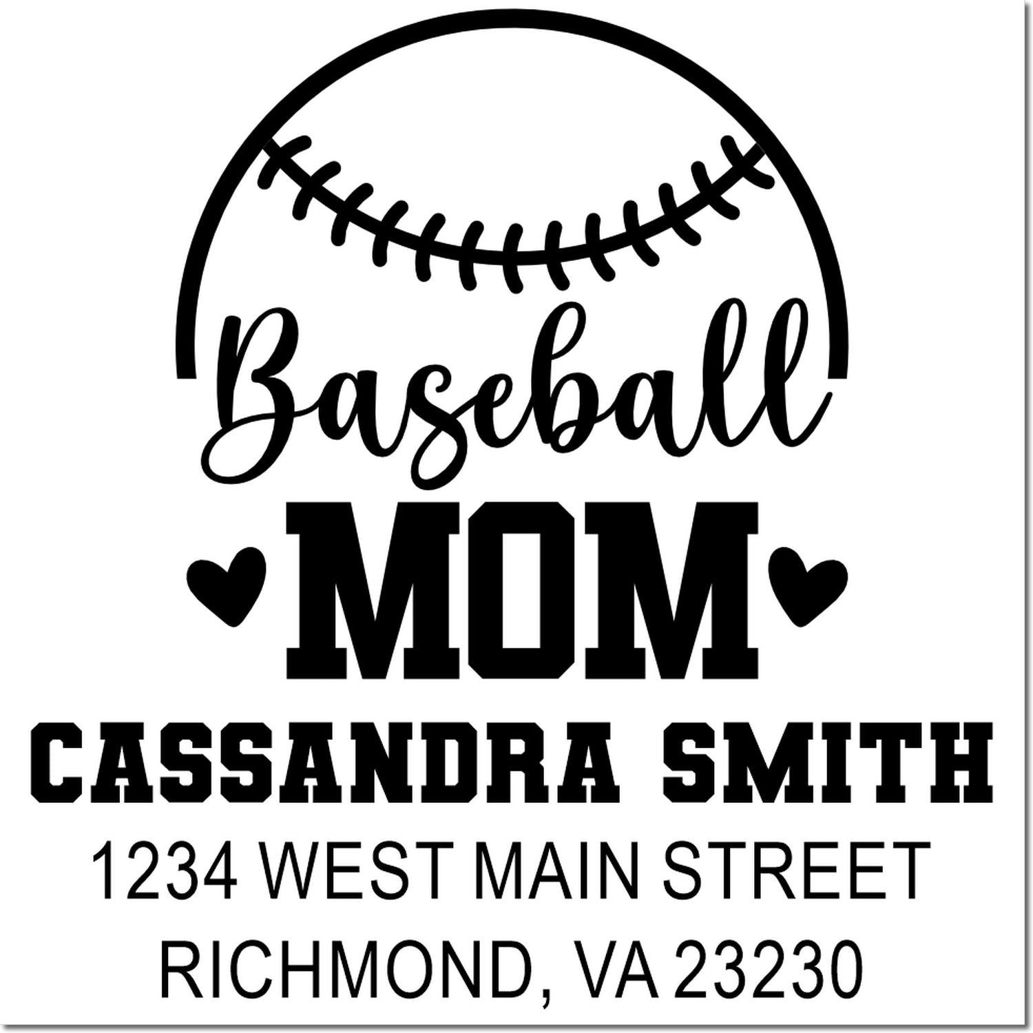 Custom baseball mom rubber address stamp with baseball graphic, personalized name, street address, and city line.
