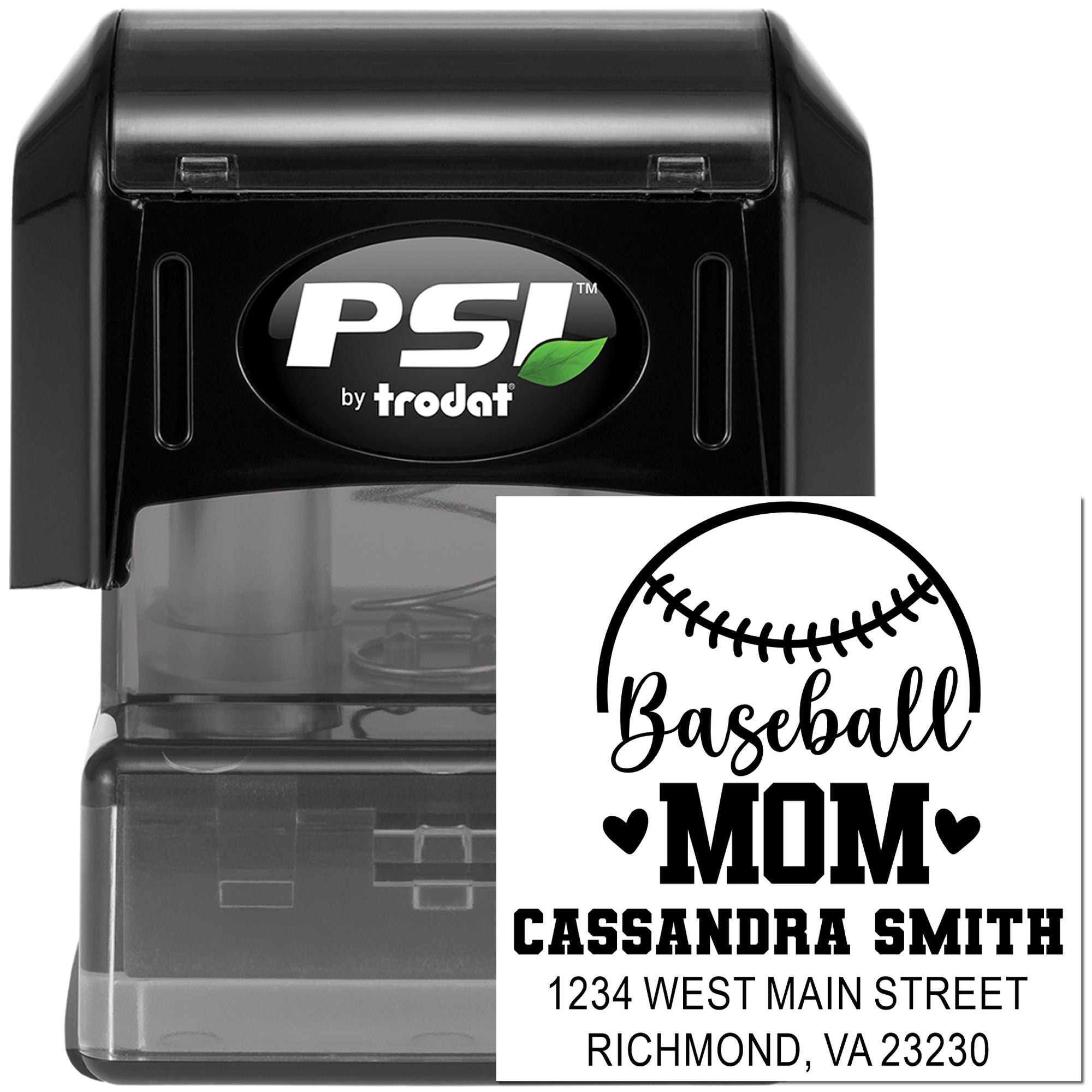 Custom Baseball Mom address rubber stamp, PSI by Trodat self-inking stamp for personalized mailing and crafting.