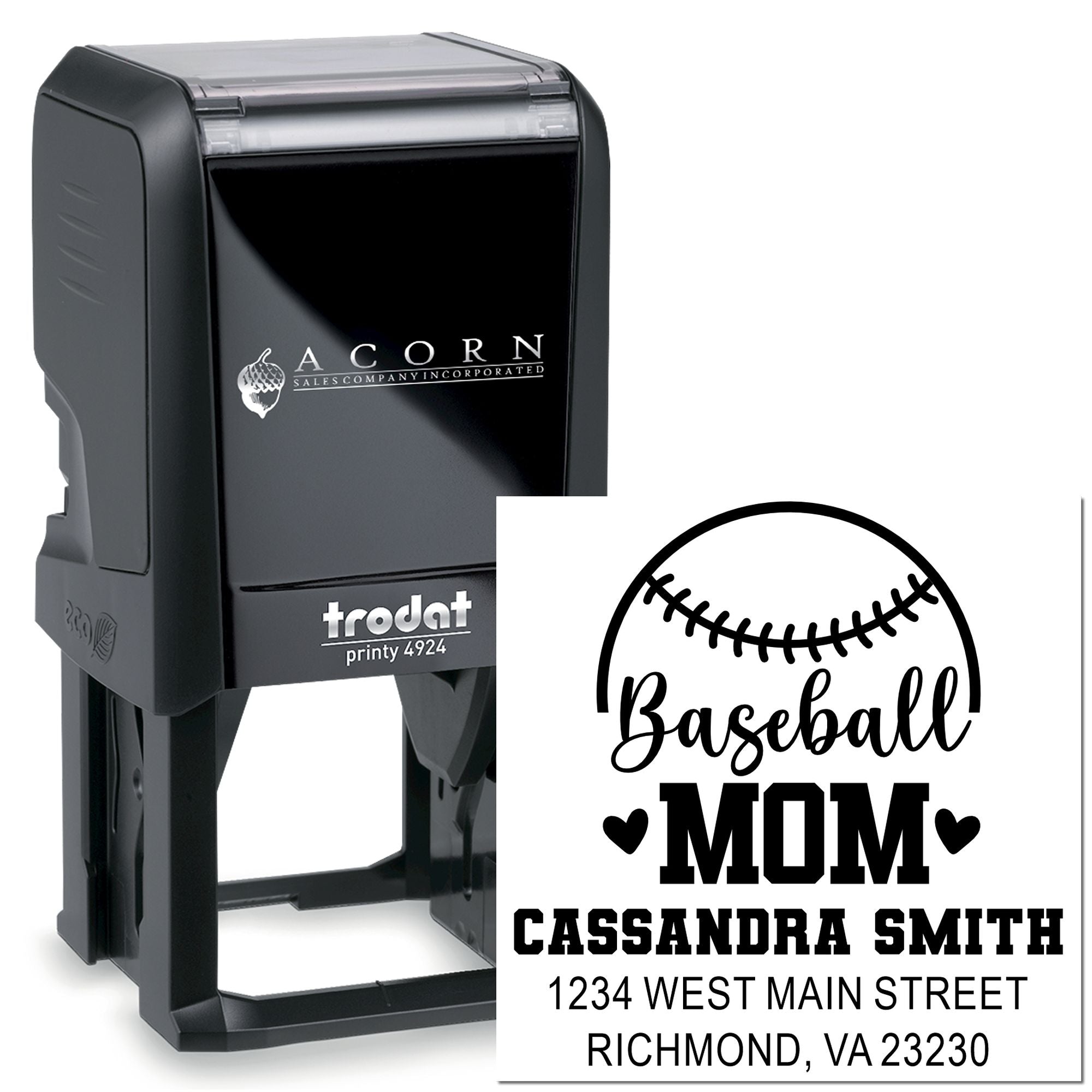 Personalized self-inking rubber stamp for baseball mom with name, address, and custom Trodat Printy 4924 design.