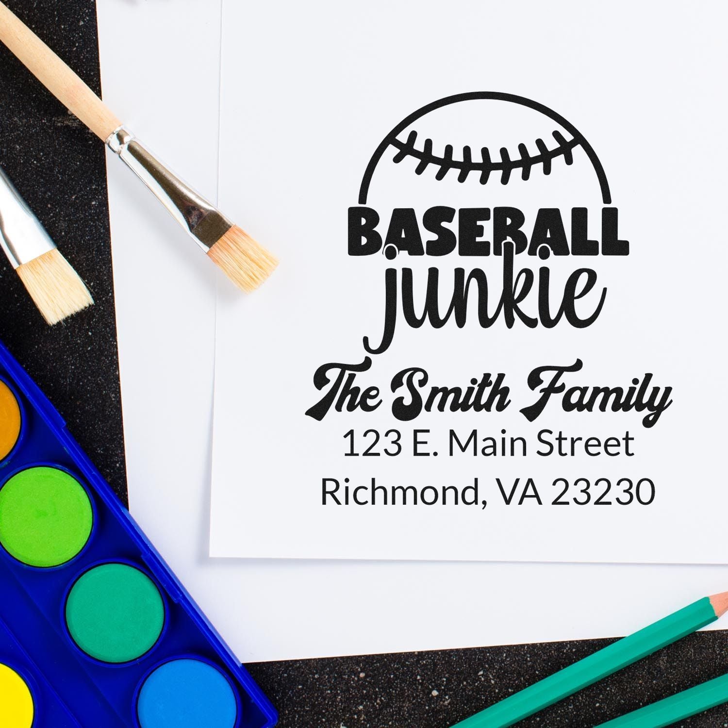 Custom baseball return address rubber stamp for The Smith Family in Richmond, VA, featuring a baseball junkie design.