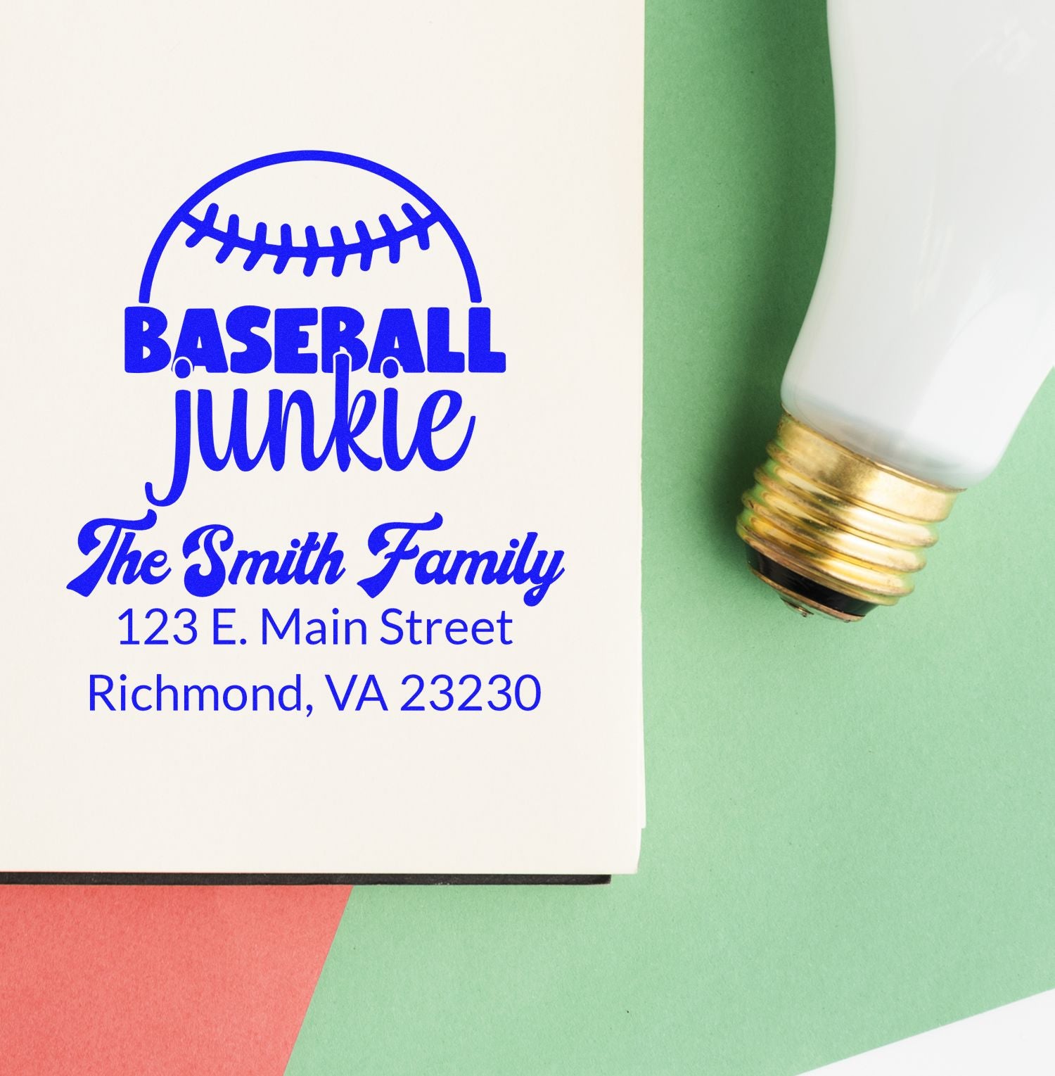 Personalized baseball junkie rubber stamp with family name and return address for custom sports-themed mailing.