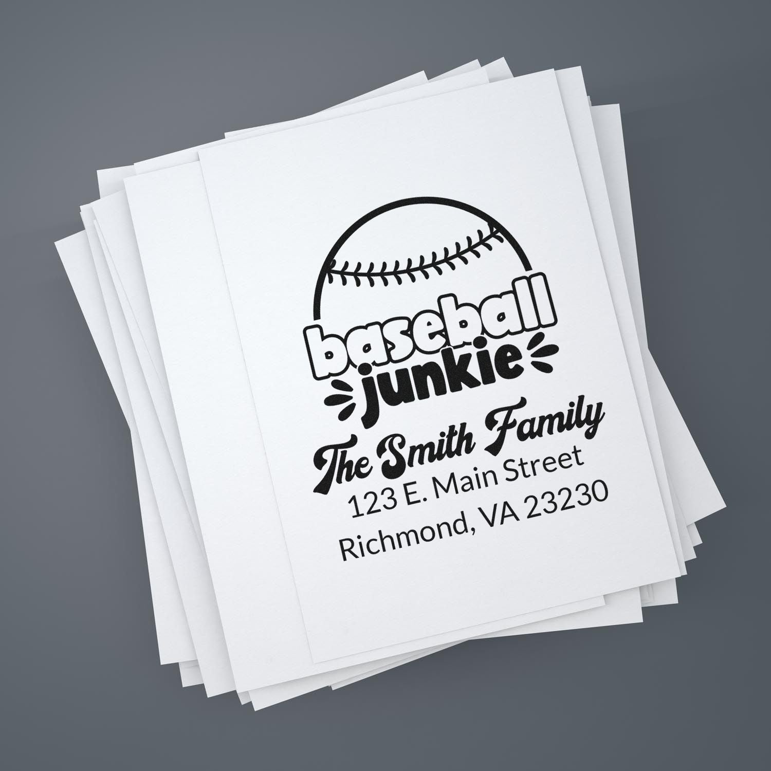 Custom baseball junkie rubber stamp with The Smith Family name and Richmond, VA address on stacked paper