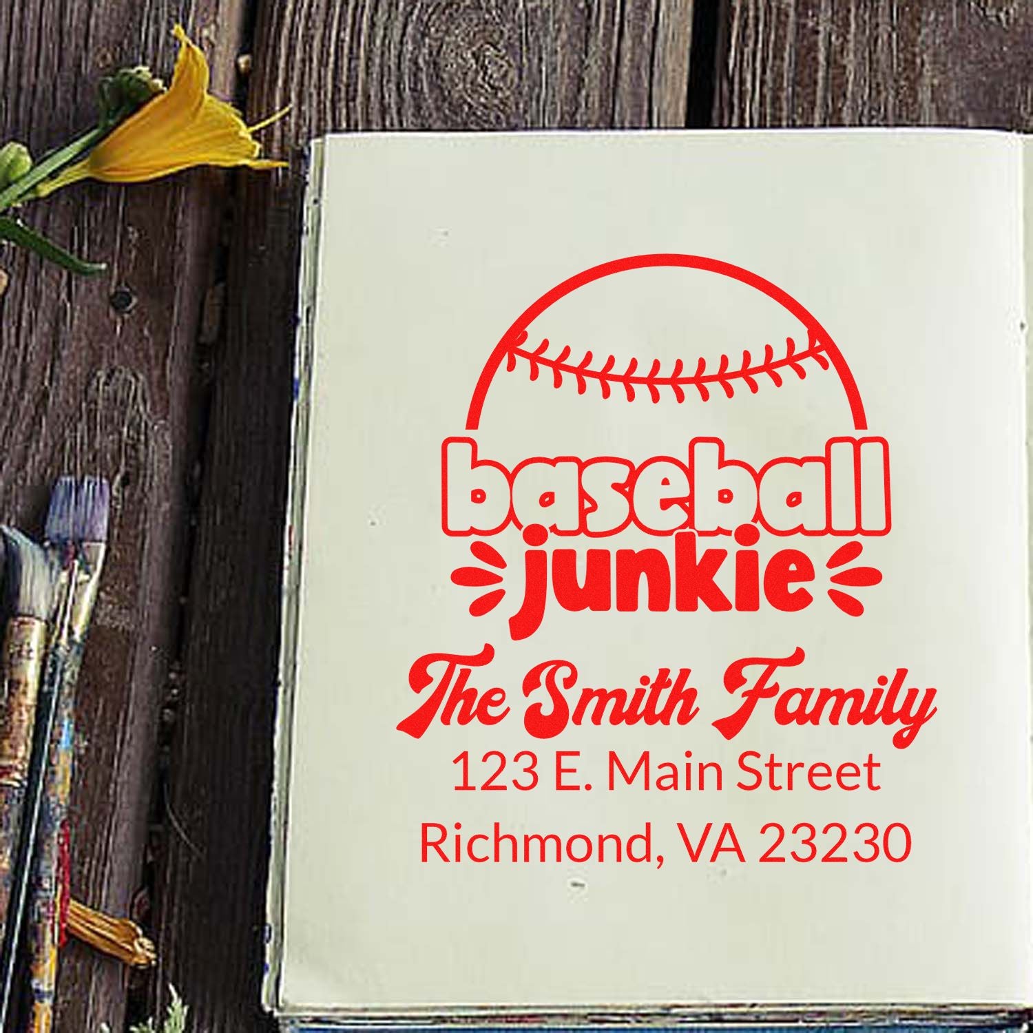Custom baseball junkie family address rubber stamp with personalized name, street address, and city/state details.