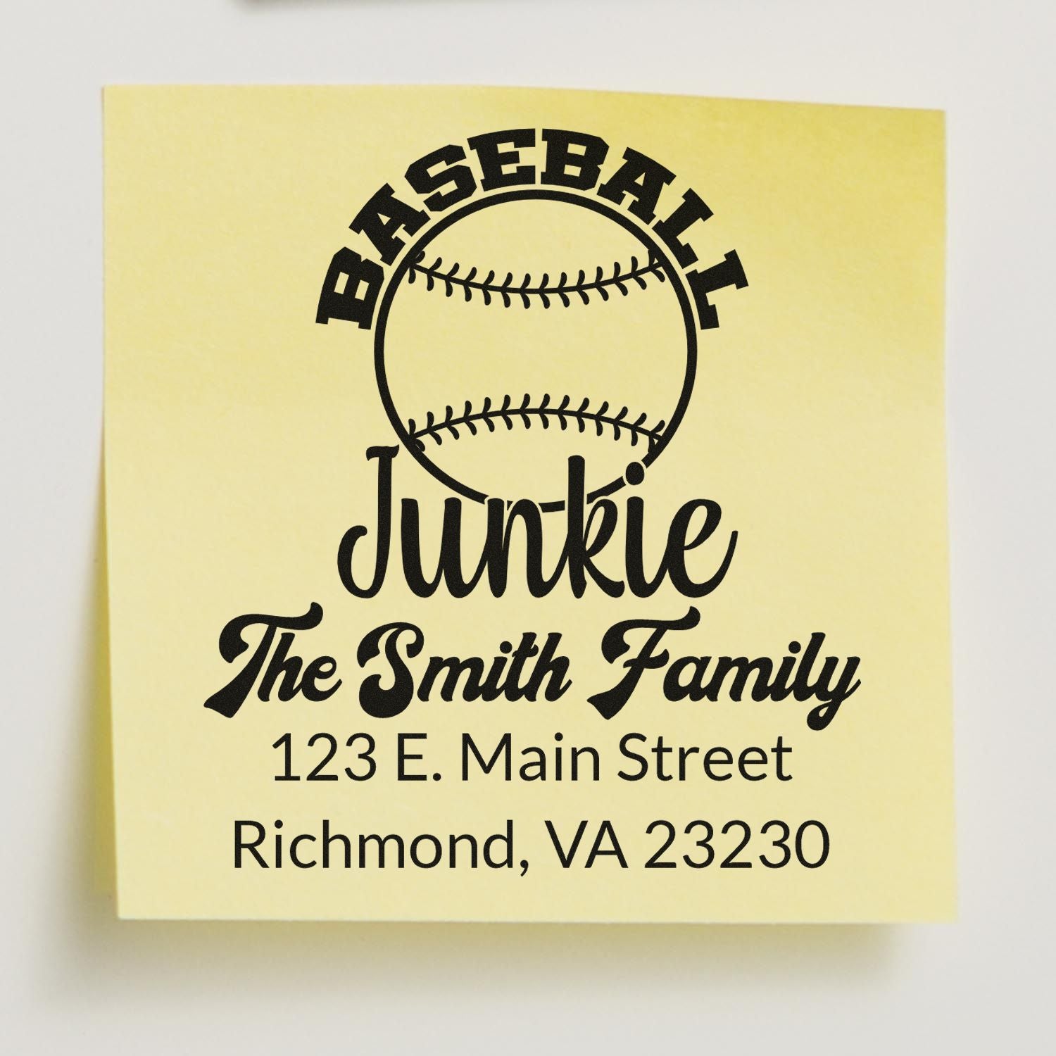 Personalized baseball return address rubber stamp for The Smith Family, Richmond, VA 23230