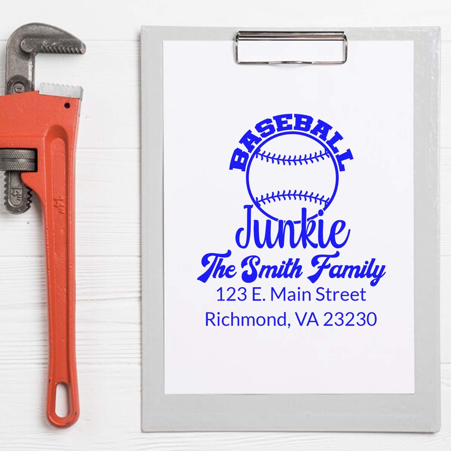Custom baseball-themed return address rubber stamp for The Smith Family, featuring name, street address, and Richmond, VA.