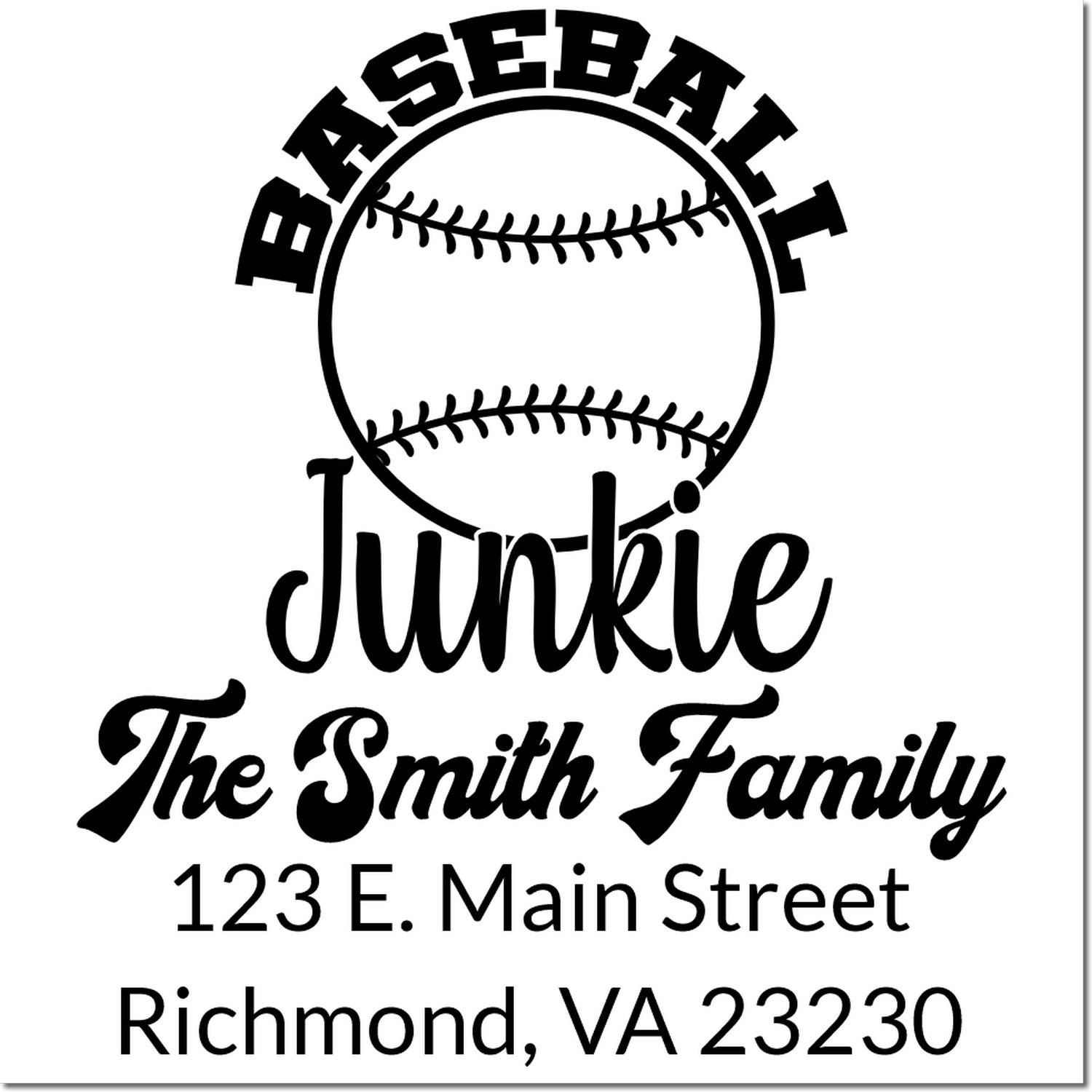 Custom baseball return address rubber stamp for The Smith Family, Richmond, VA, with sporty personalized mail design.