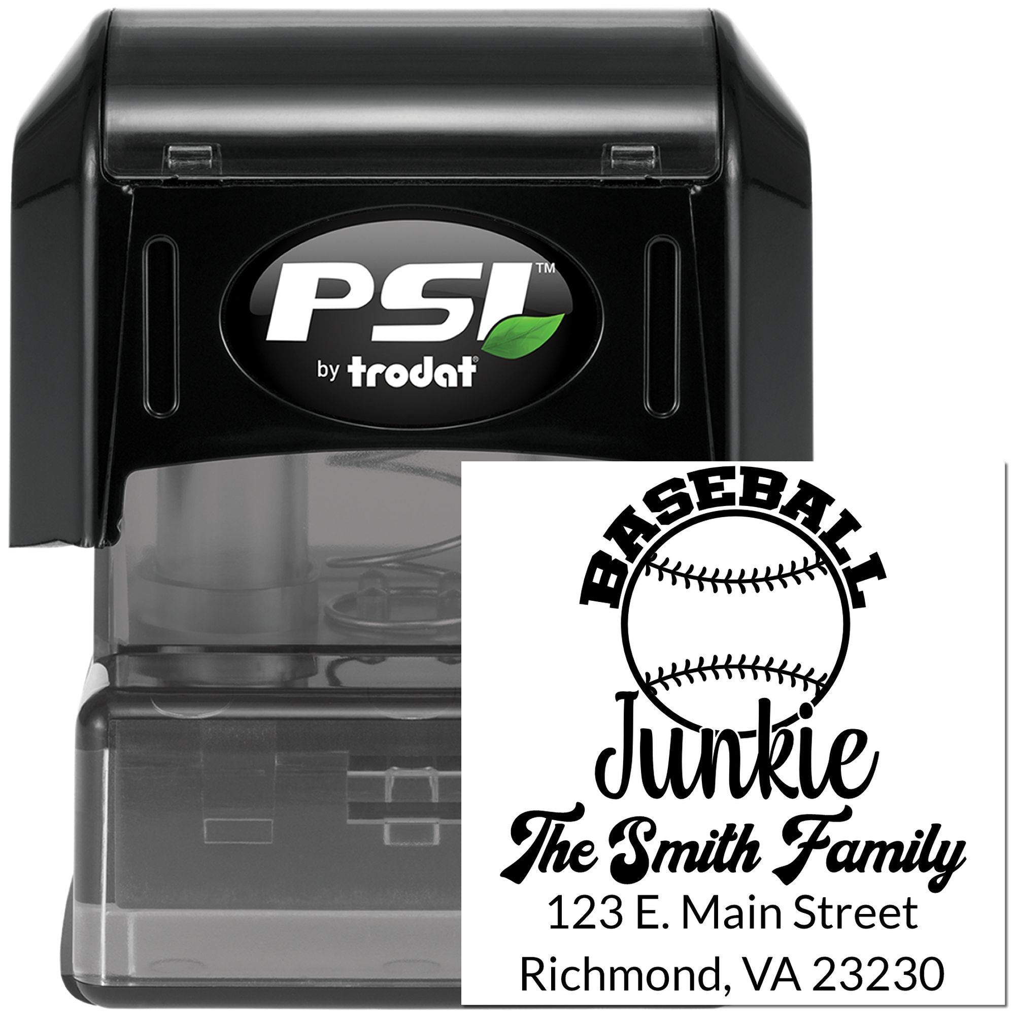 PSI by Trodat self-inking custom baseball address stamp with Baseball Junkie family imprint and Richmond, VA address