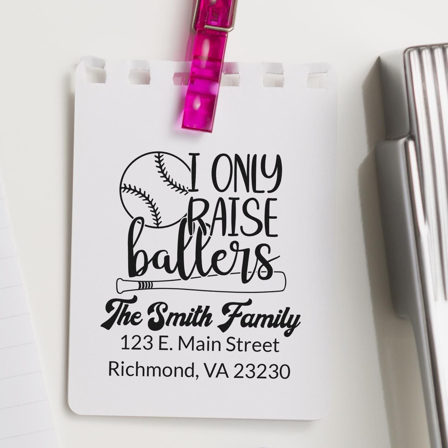 Custom baseball rubber stamp with I only raise ballers, family name, and address for personalized stationery.