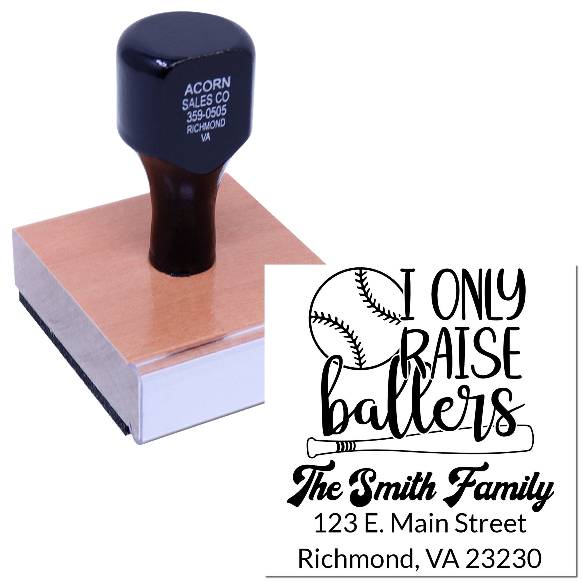 Custom baseball family address rubber stamp with I Only Raise Ballers design, personalized with Smith family Richmond, VA.