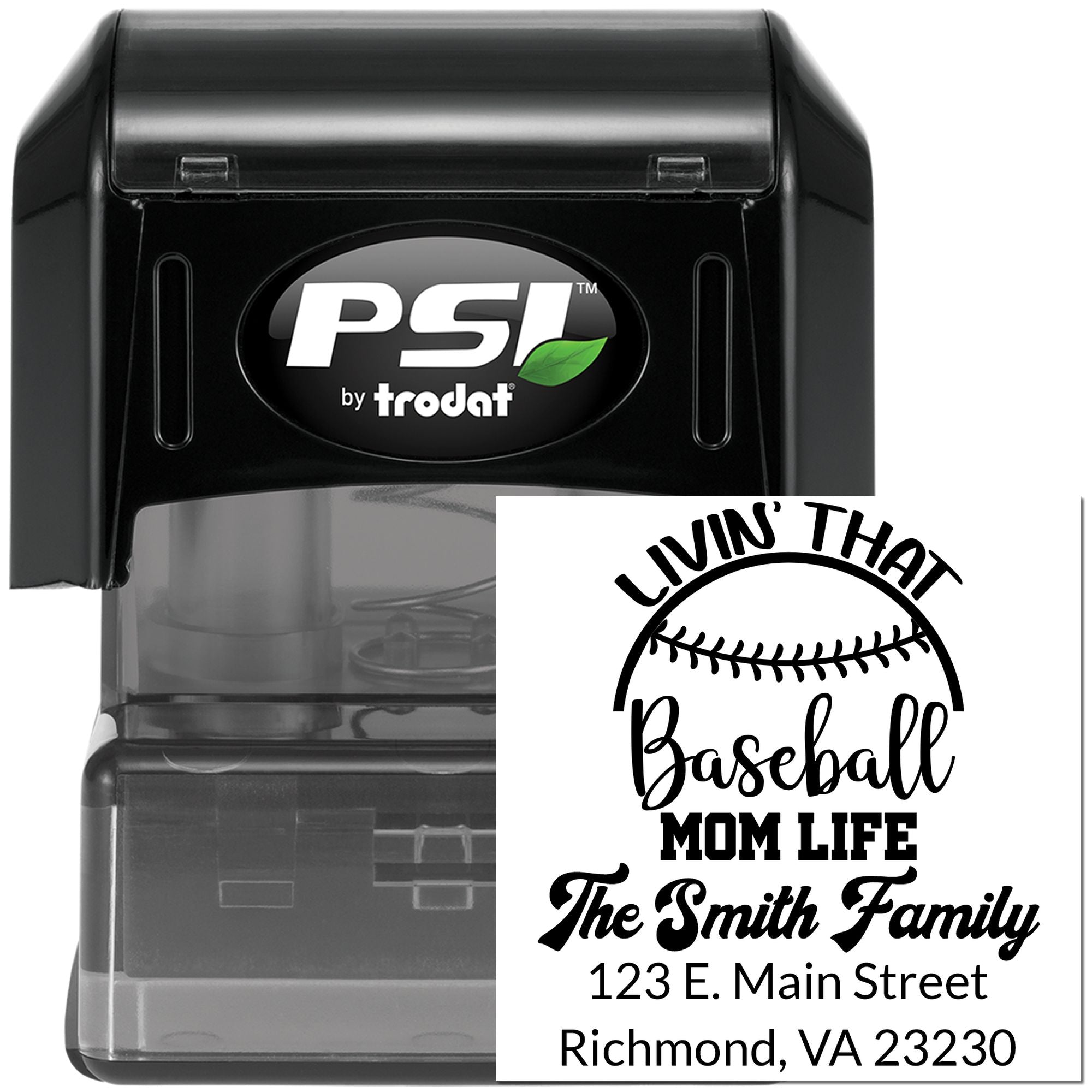 Custom self-inking rubber stamp for baseball moms, with family name, address, and sports-themed return address design.