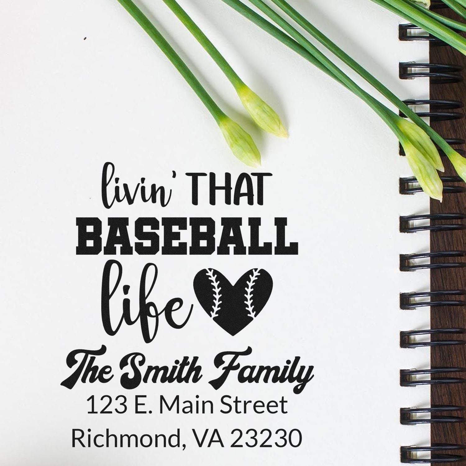 Custom baseball family return address rubber stamp with Livin That Baseball Life and Richmond, VA address.
