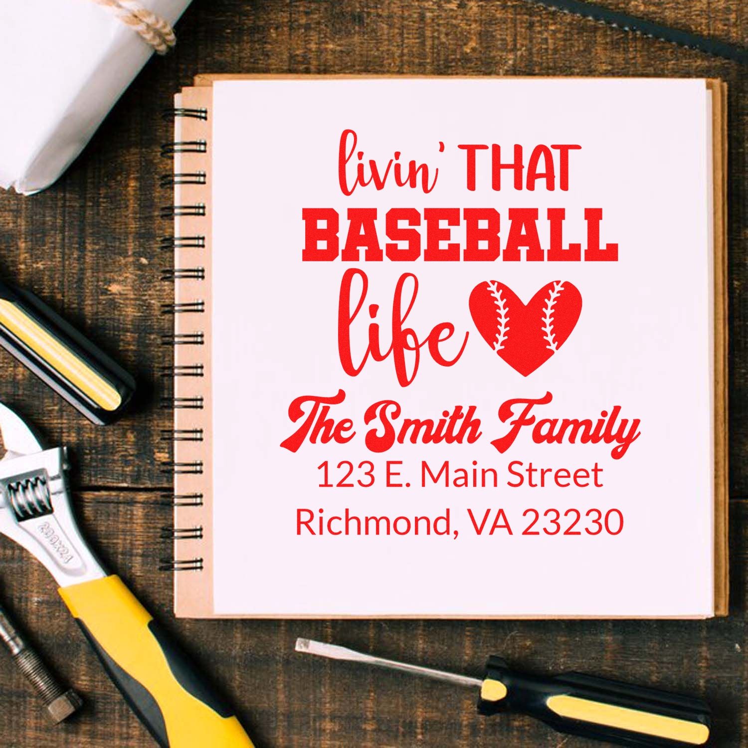 Personalized baseball family address rubber stamp mockup with Livin That Baseball Life and Smith family Richmond, VA address.