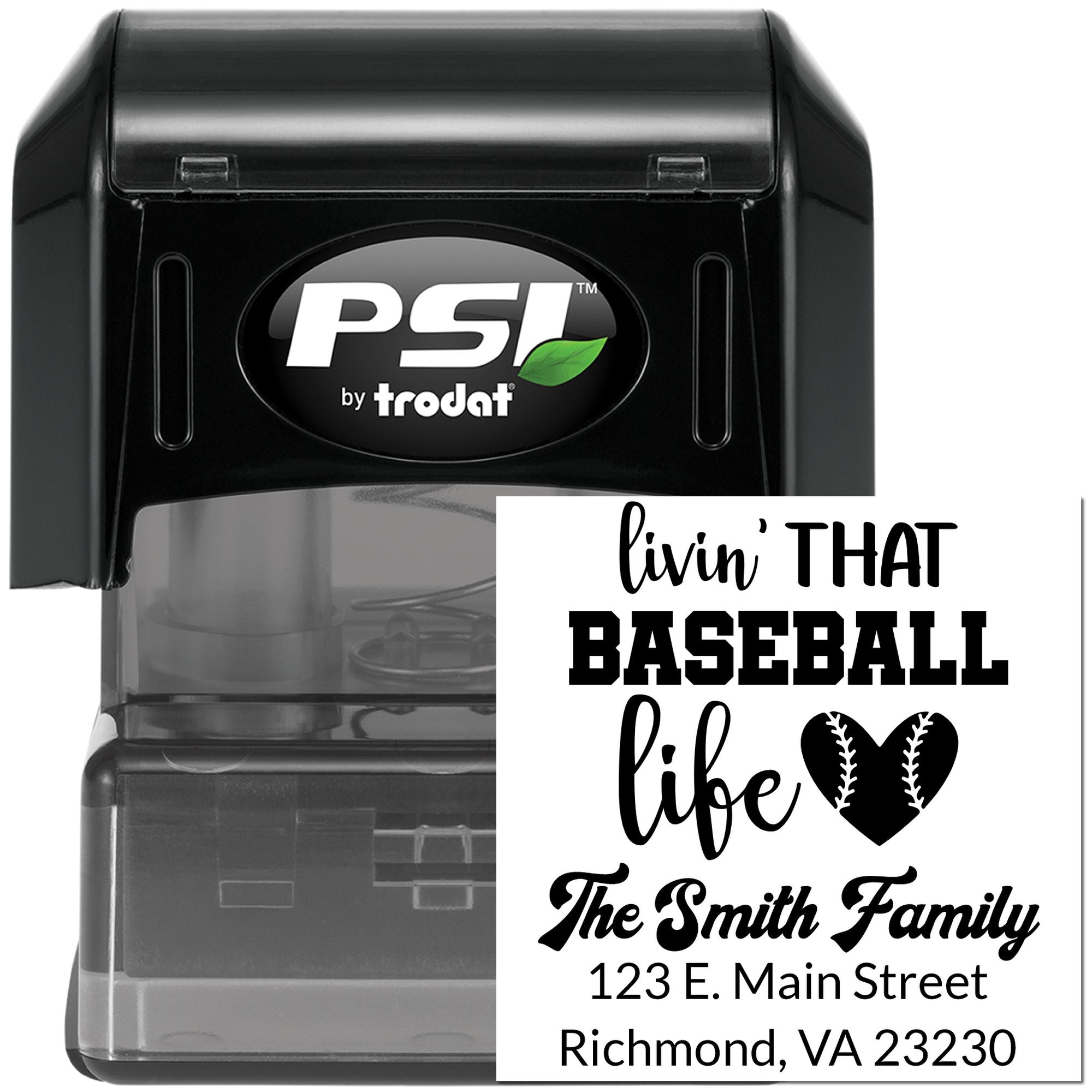 Custom baseball return address stamp for The Smith Family, Richmond, VA, by PSI by Trodat