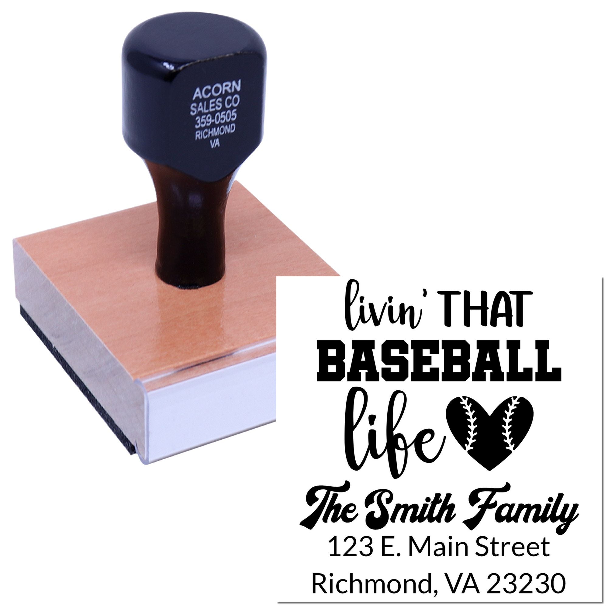 Personalized baseball return address rubber stamp with Livin That Baseball Life, family name, and Richmond, VA 23230.