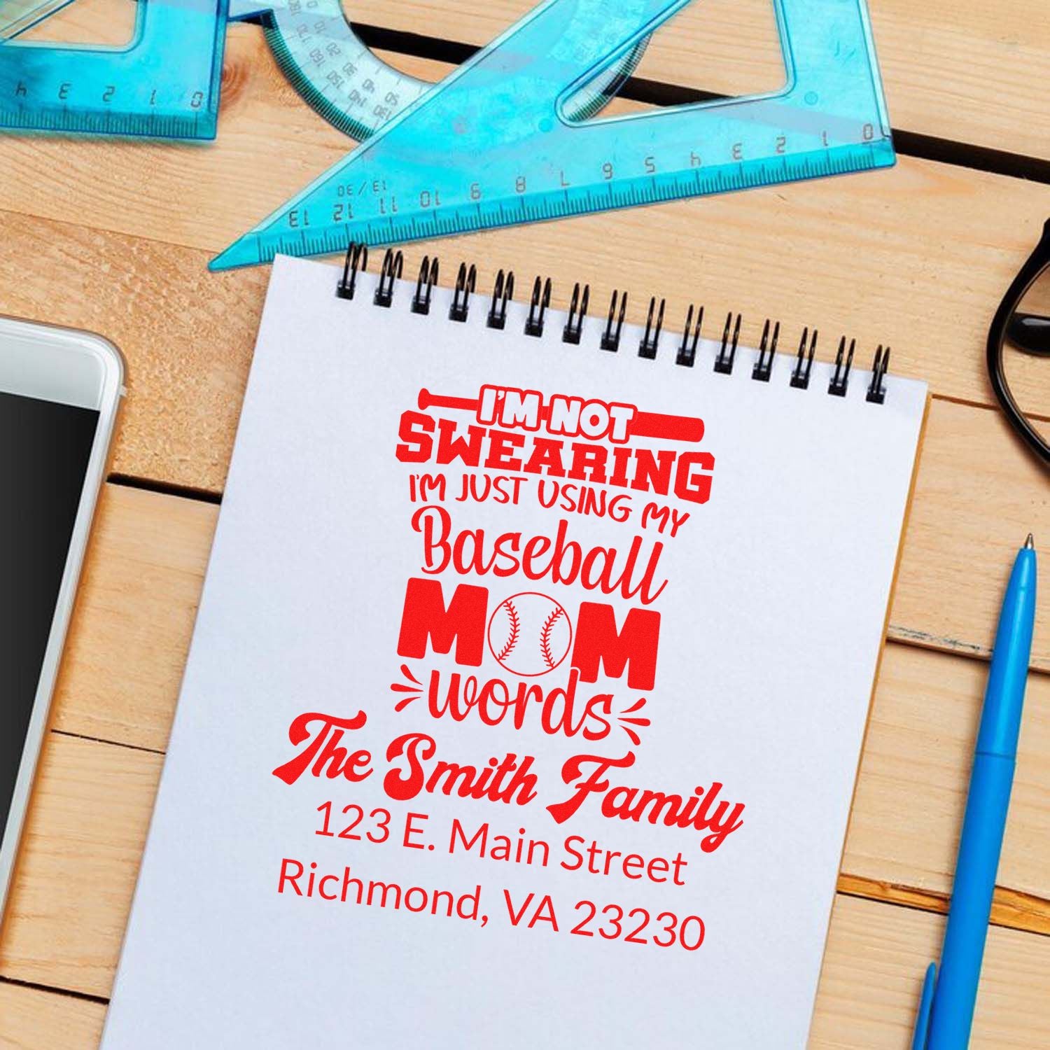 Custom rubber stamp for baseball moms, personalized with family name and address for gifts, stationery, and team event use.