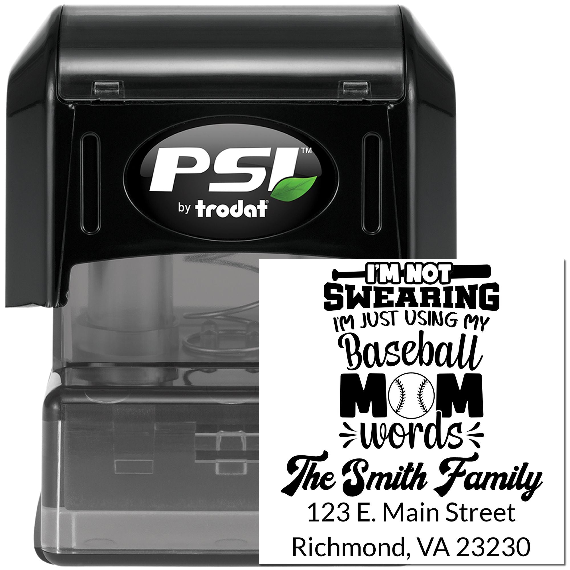Custom self-inking rubber stamp for baseball mom with personalized family name and address, PSI by trodat.