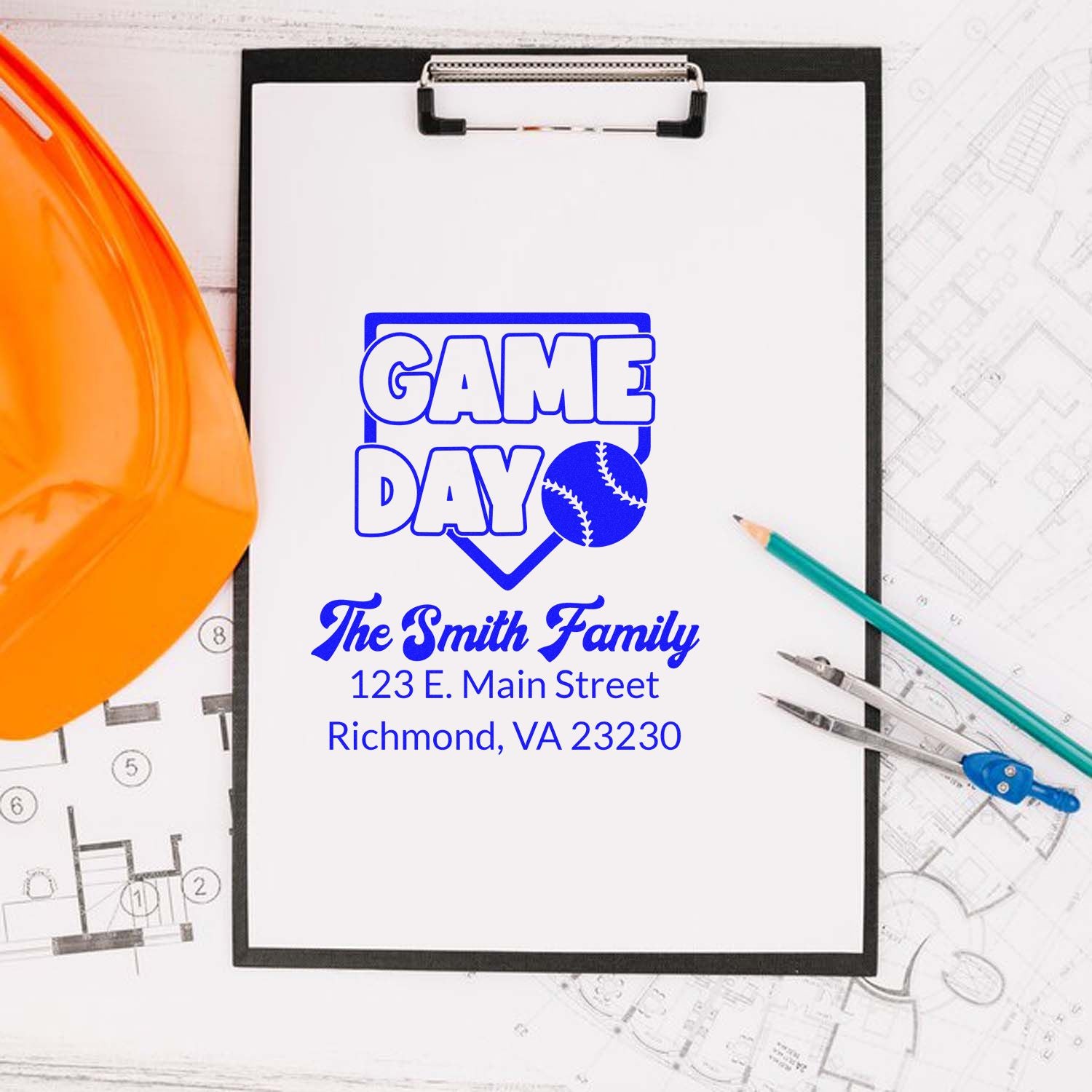 Custom baseball Game Day rubber stamp with family name and address for invitations, mail, and team event branding.