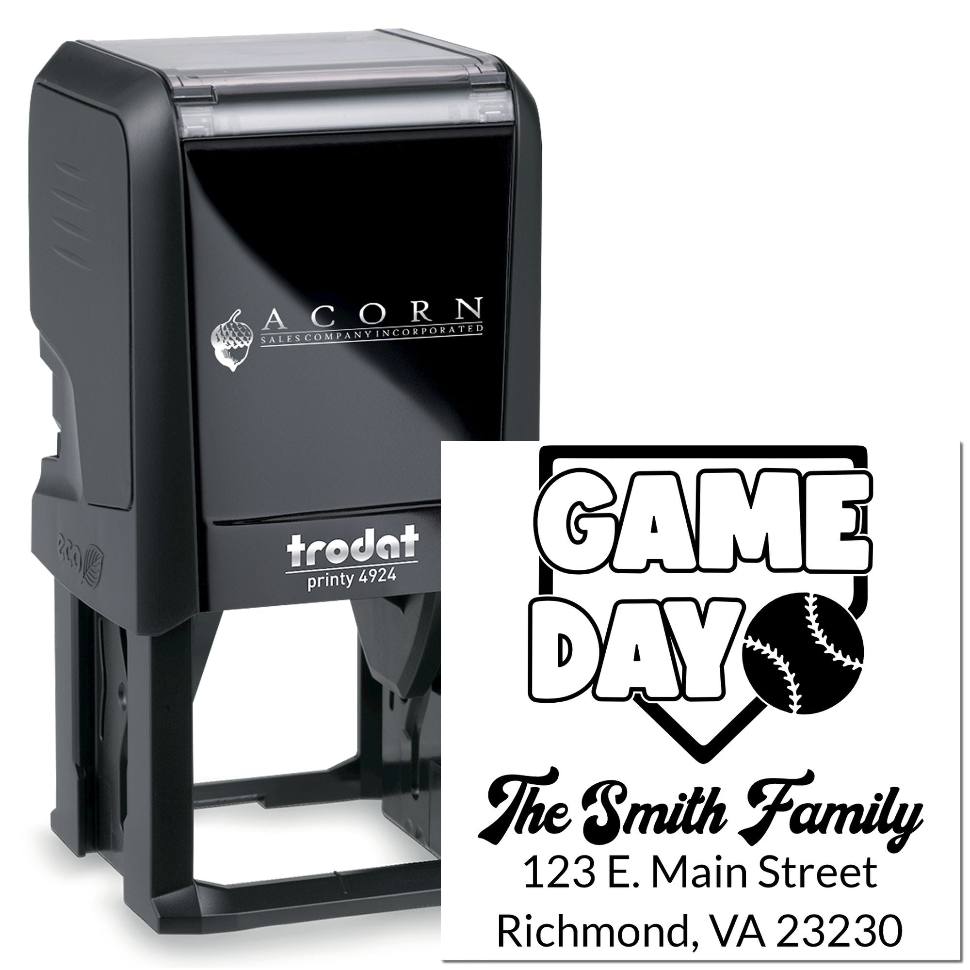 Trodat Printy self-inking rubber stamp with baseball Game Day design and Smith Family address