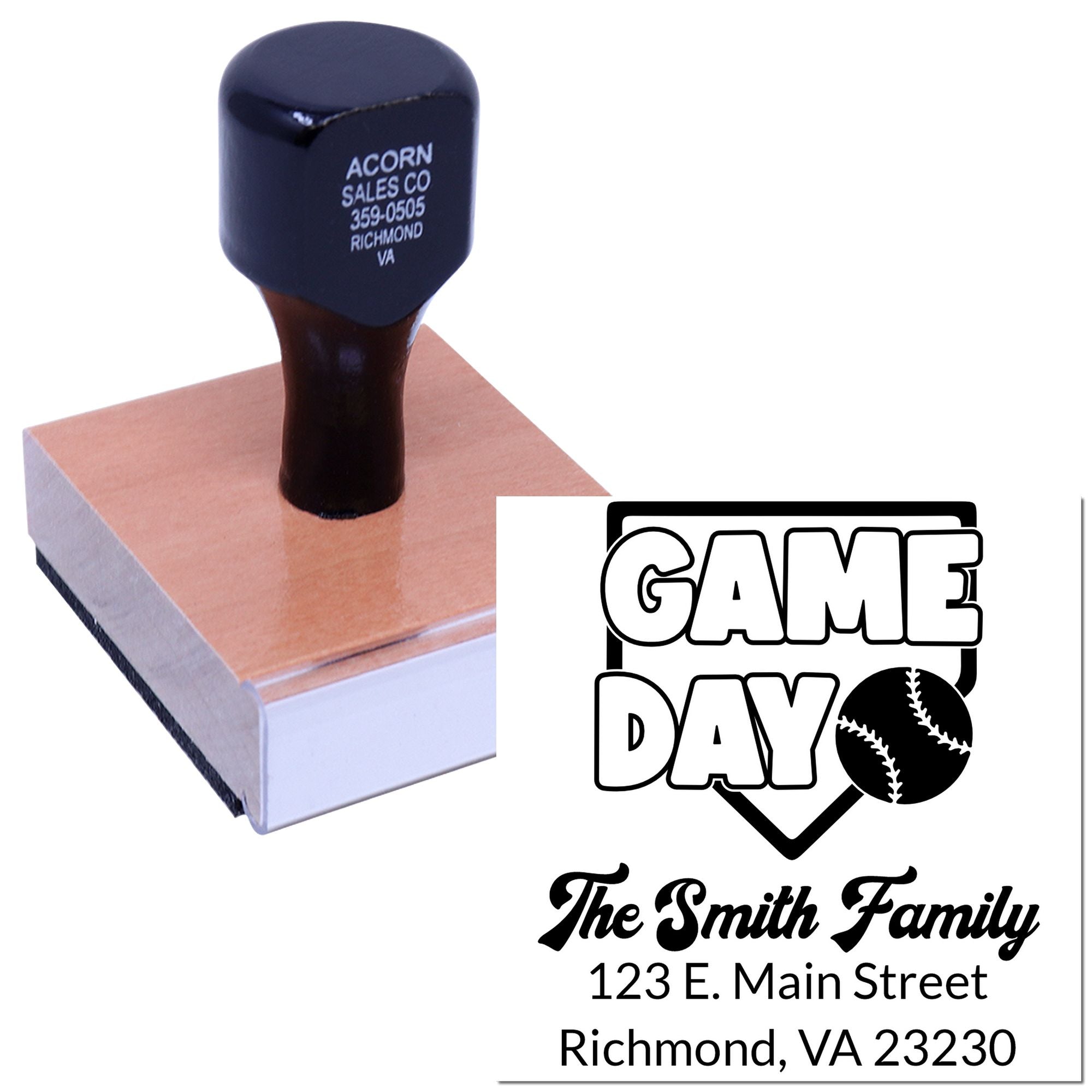 Custom game day rubber stamp with baseball design, family name, and address for personalized invitations, cards, and labels.