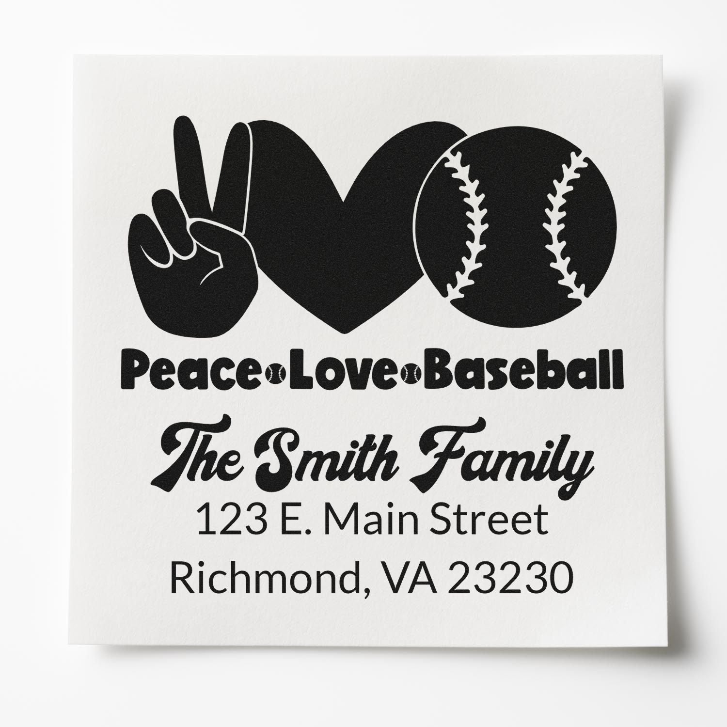 Custom rubber stamp design with peace love baseball graphic, The Smith Family, and return address for personalized mailings.