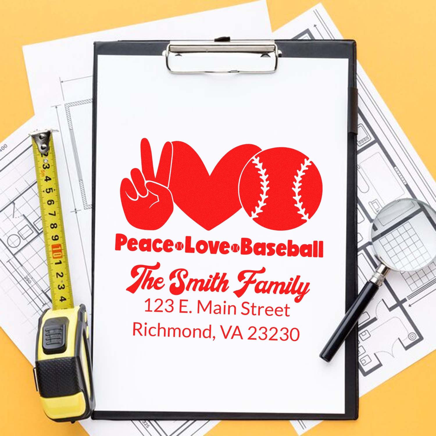 Custom rubber stamp design for a baseball family, featuring a peace love baseball graphic with personalized name and address.