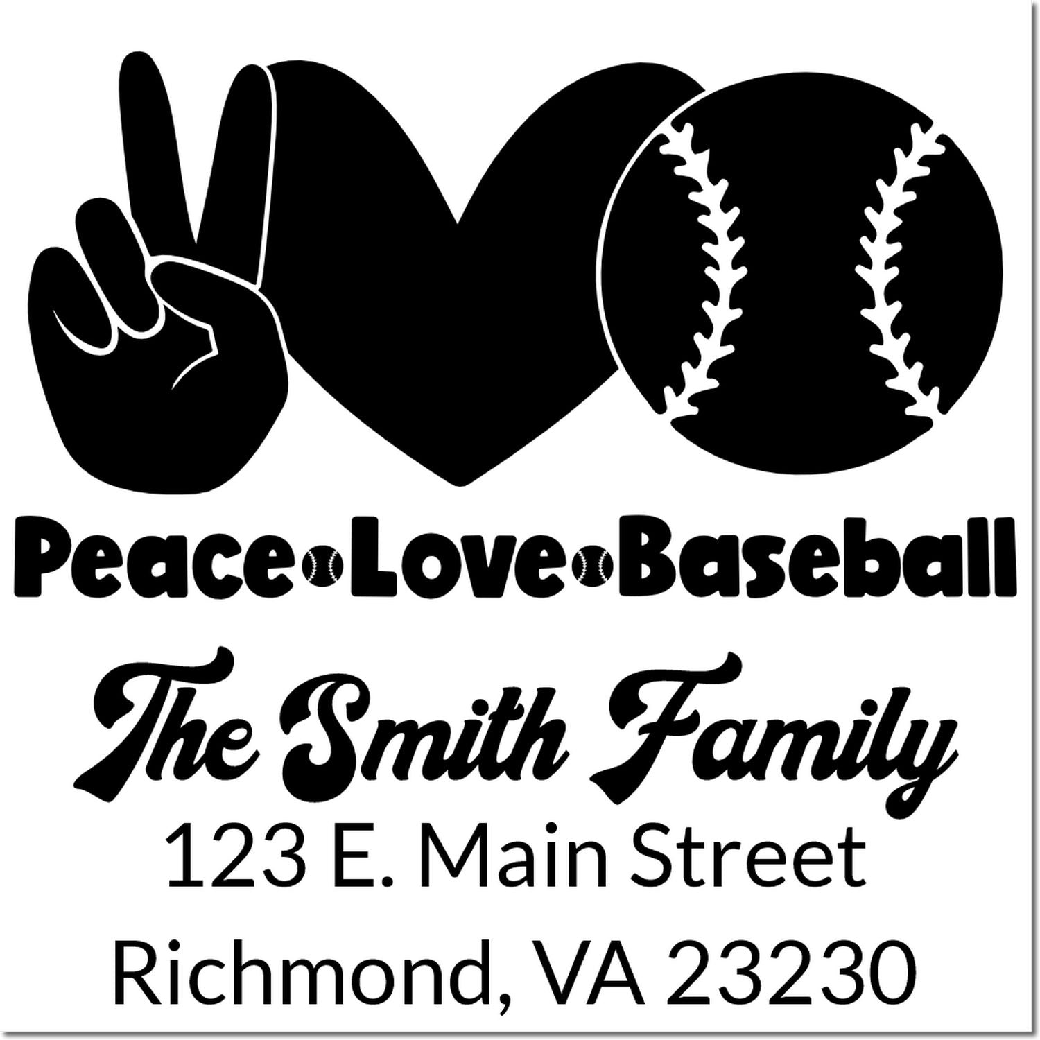 Personalized peace love baseball return address rubber stamp with family name for custom sports-themed mail and gifts
