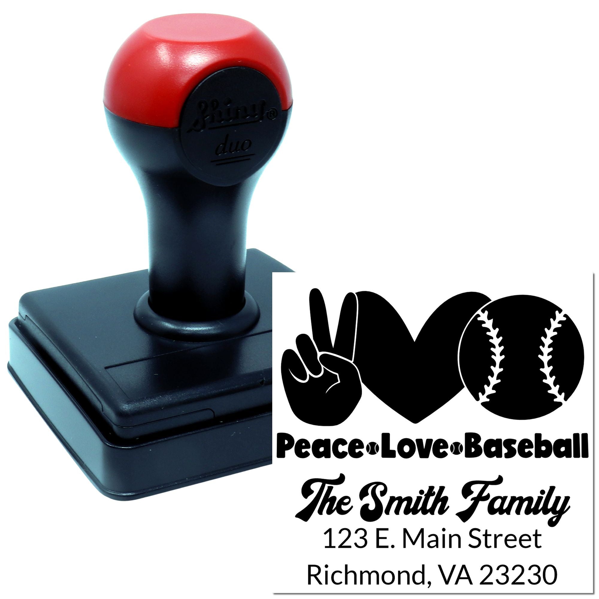 Custom self-inking rubber stamp with baseball family design and personalized address for mailings and crafts