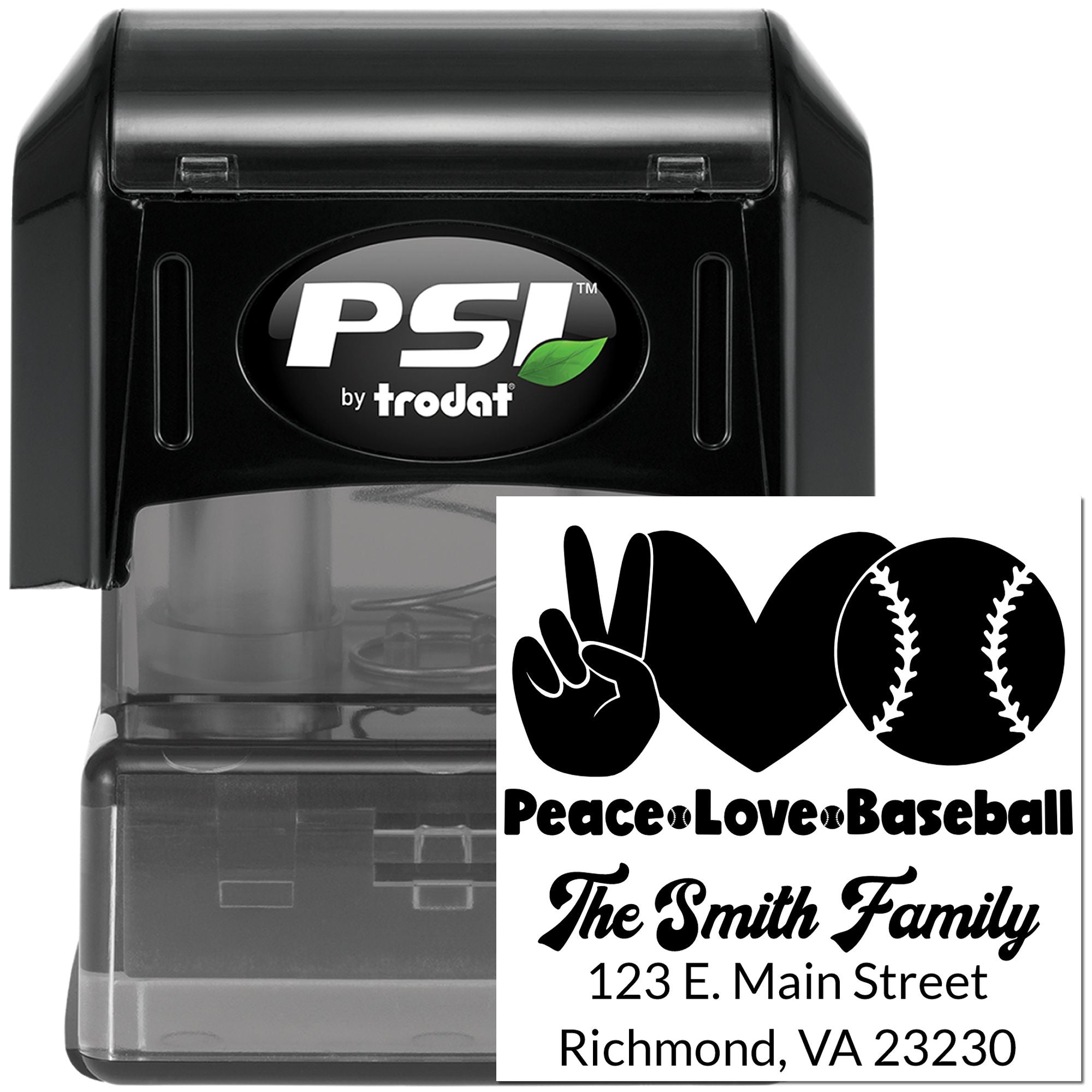 PSI by Trodat self-inking rubber stamp with custom Peace Love Baseball family address design for personalized mailing.