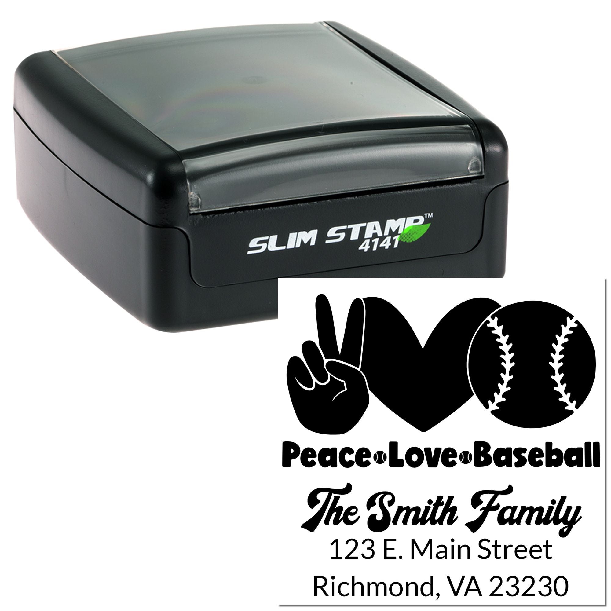 Custom self-inking rubber stamp with baseball design, family name, and address for personalized mail and sports gifts.