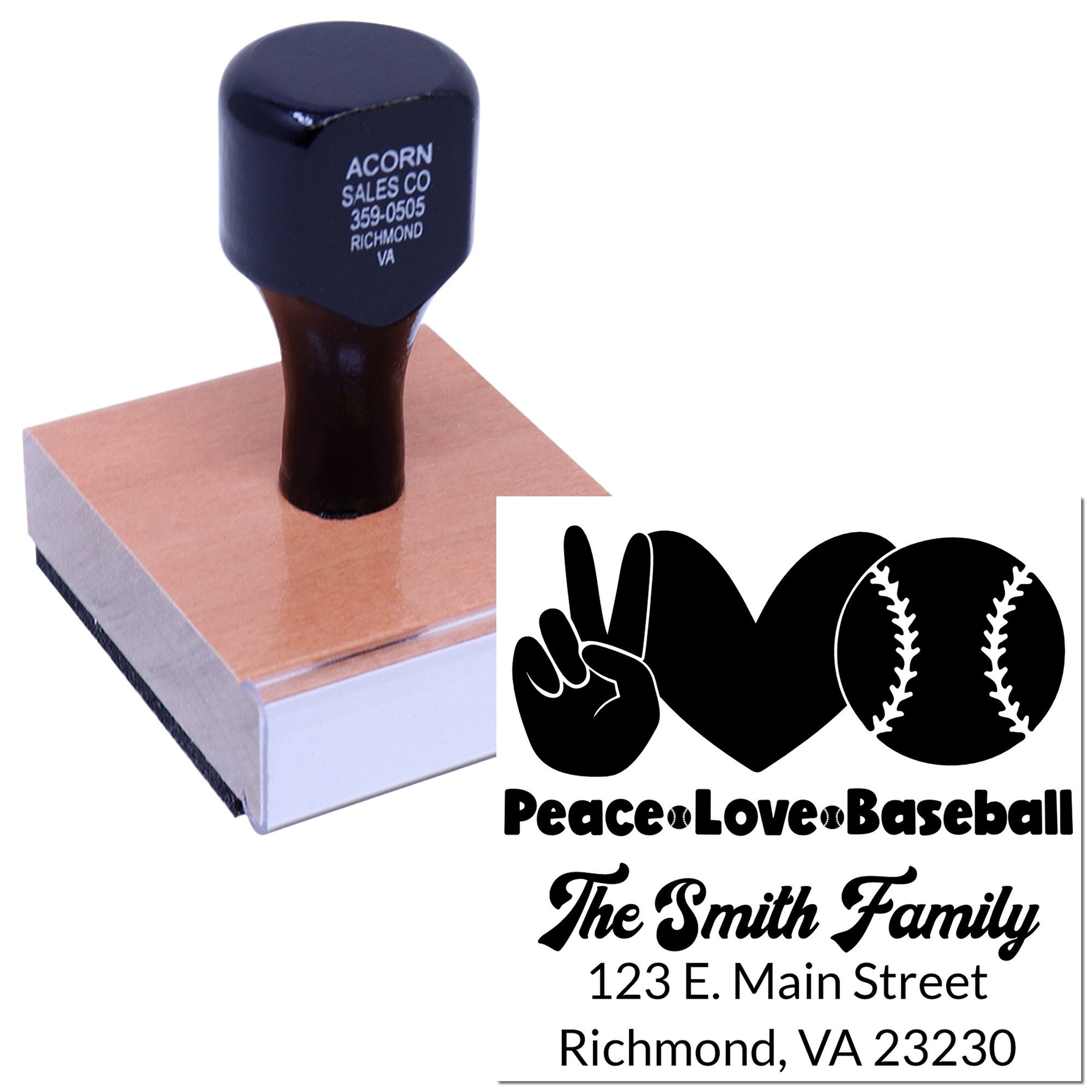 Custom rubber stamp with Peace Love Baseball family design and address for personalized stationery or business use.