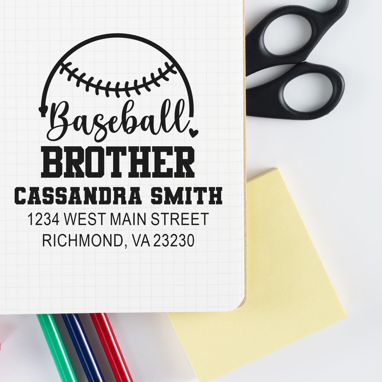 Custom baseball brother return address rubber stamp design with name and address, featuring a baseball graphic for sports mail.