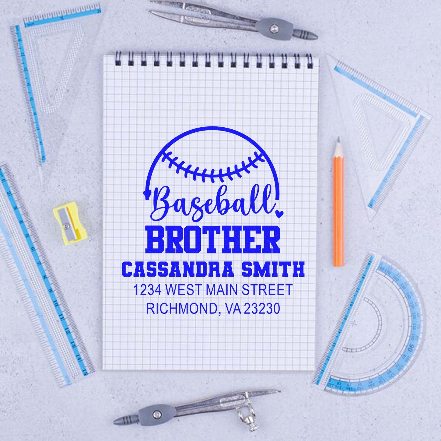 Personalized baseball brother address rubber stamp design with name, address, and sports theme for custom stationery.