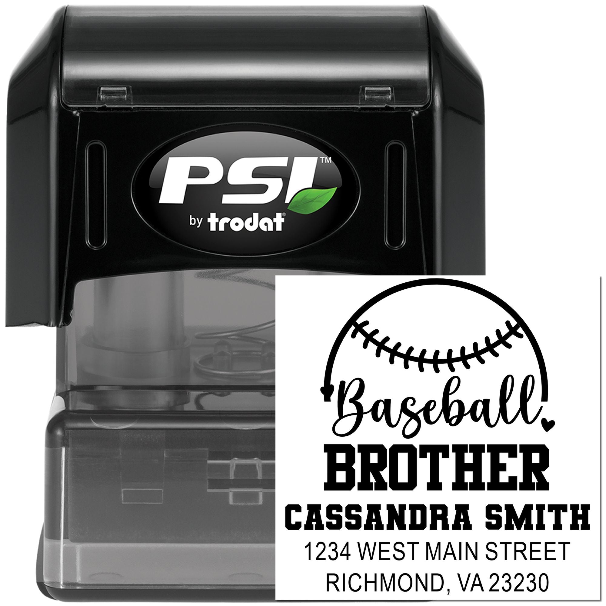 PSI by Trodat self-inking rubber stamp with personalized baseball-themed brother address design
