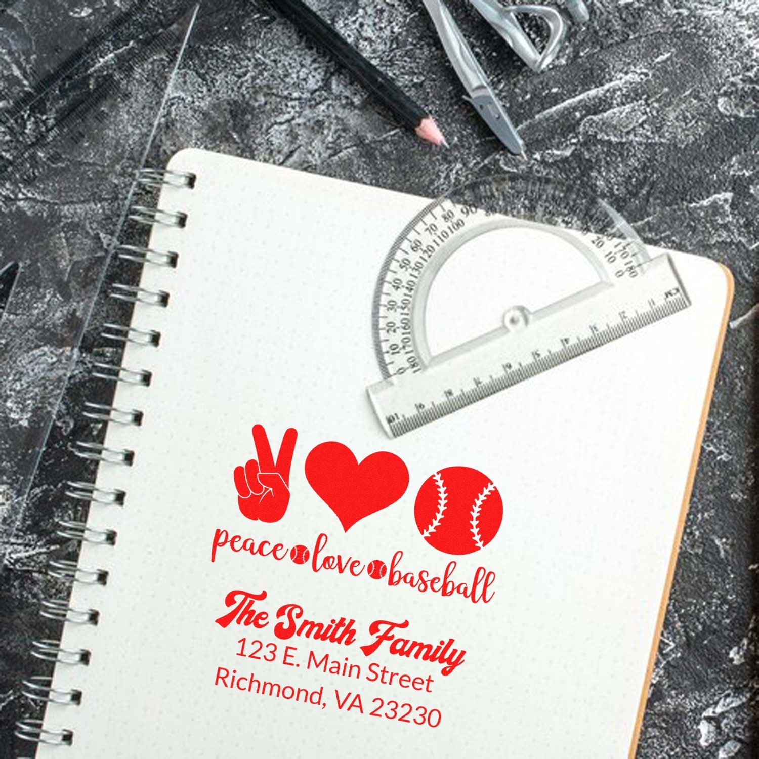 Personalized rubber stamp with peace love baseball design, family name, and return address for custom stationery