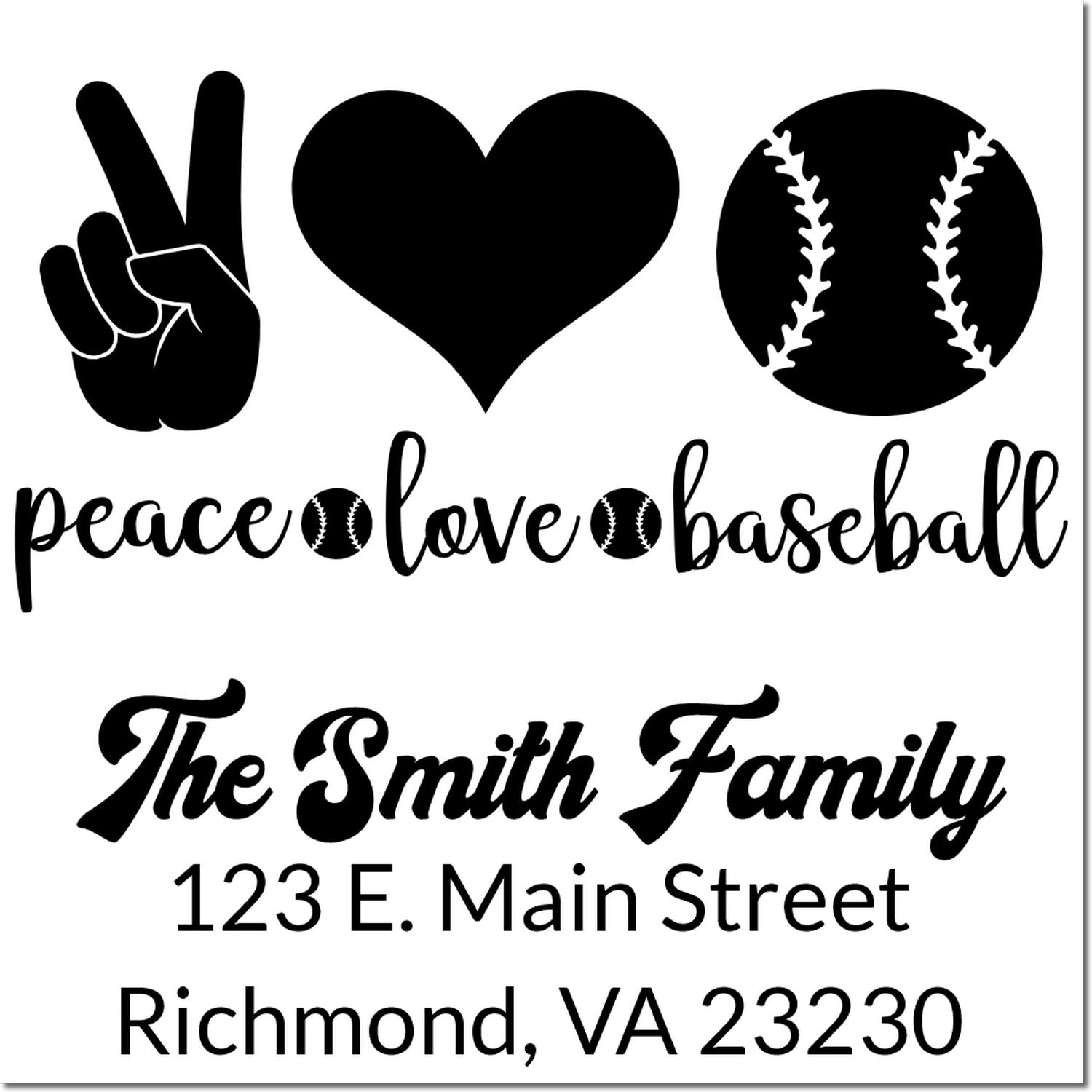Custom personalized address stamp for baseball families with peace love baseball, The Smith Family, and return address.