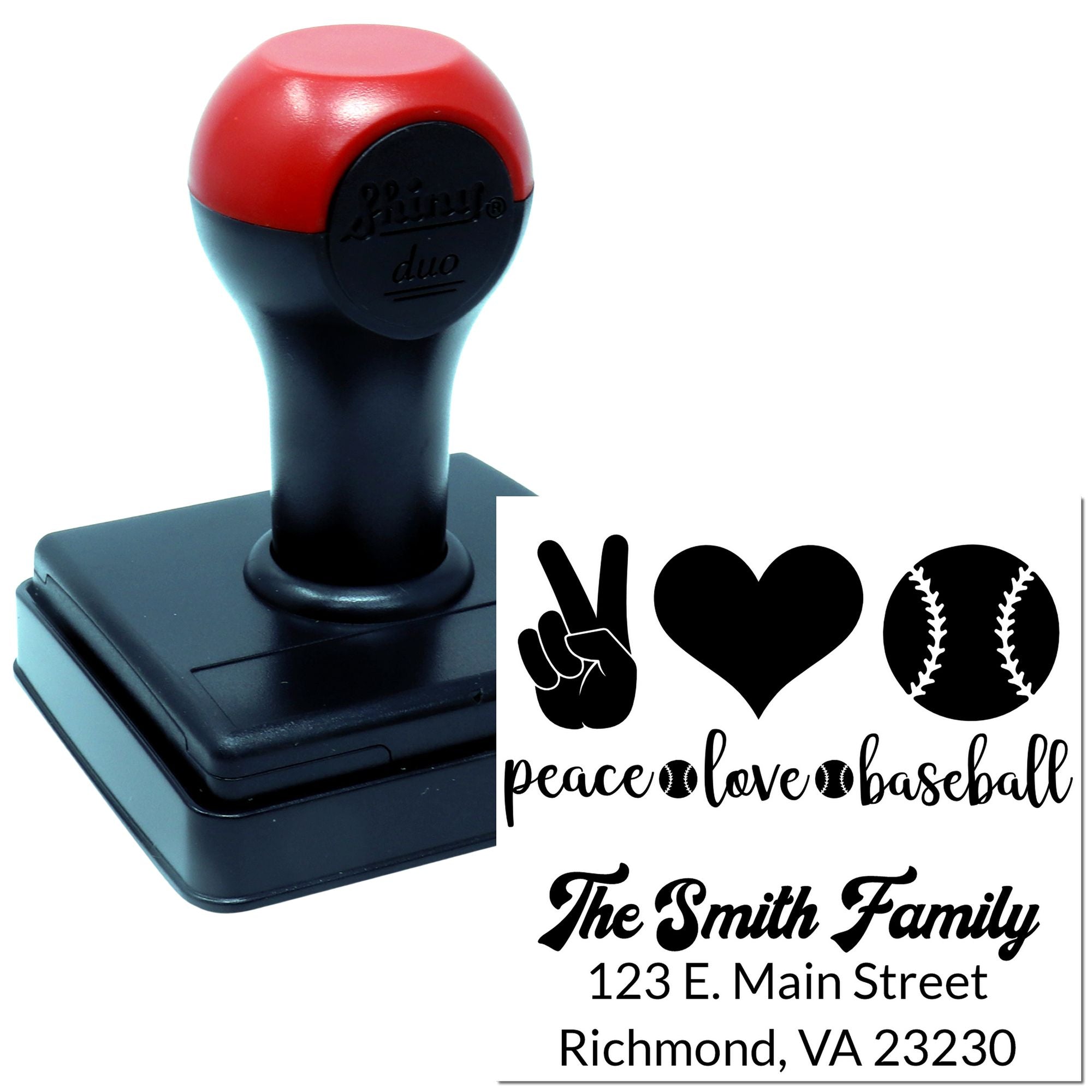 Custom self-inking rubber stamp for baseball fans with peace love baseball design, family name, and address.