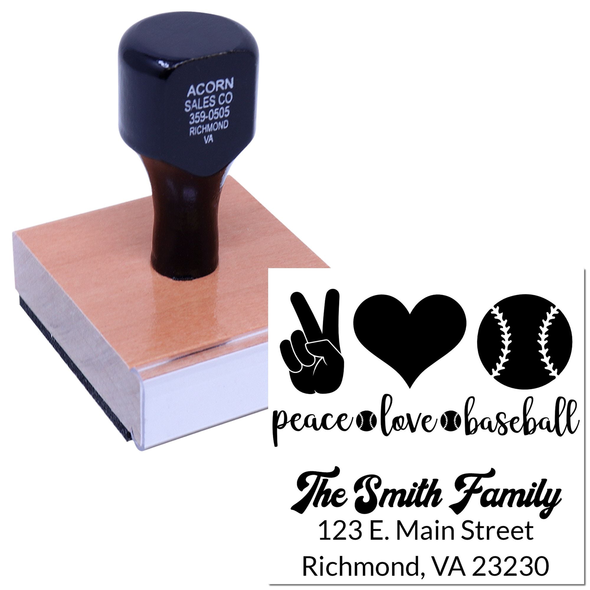 Custom baseball-themed rubber stamp with family name and address for personalized return address stamping.