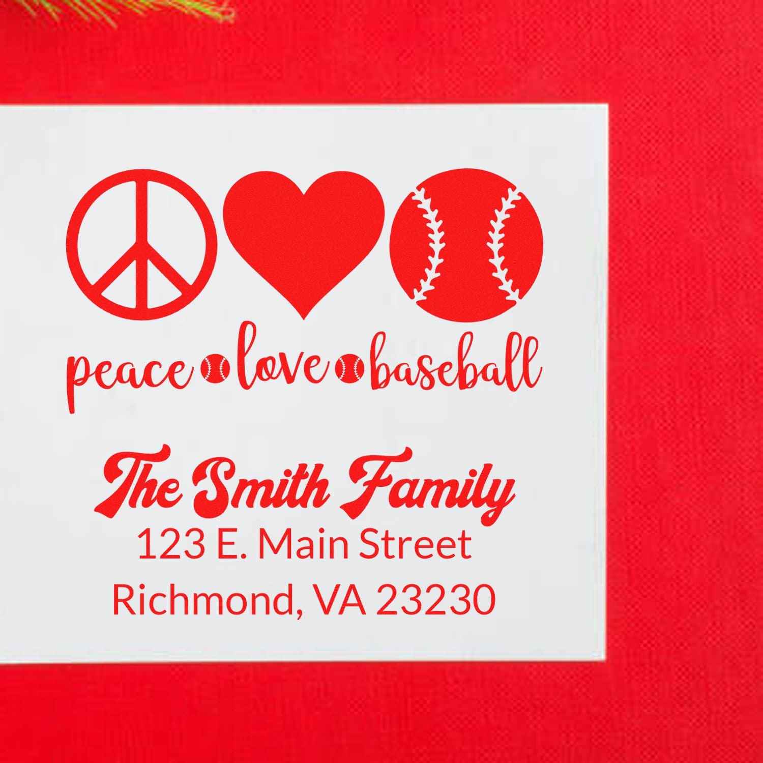 Personalized rubber stamp with peace love baseball design and The Smith Family return address in Richmond, VA.