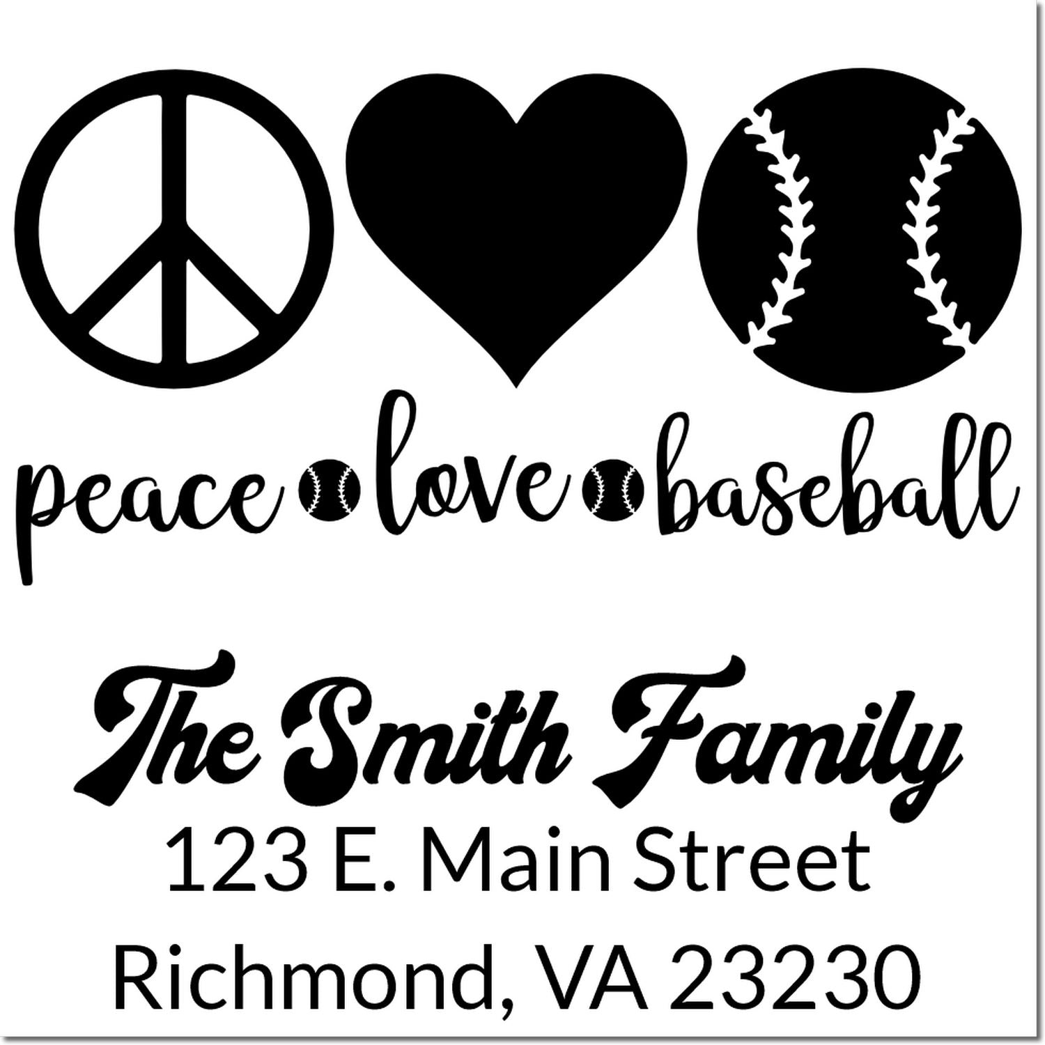 Custom rubber stamp for baseball lovers with peace sign, heart, family name and return address.