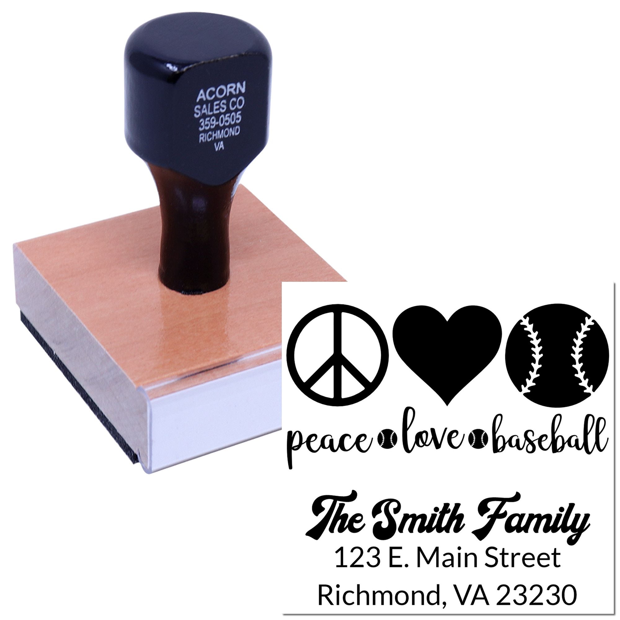 Custom rubber stamp with personalized logo, family, and address imprint examples for business, hobby, and sports use.
