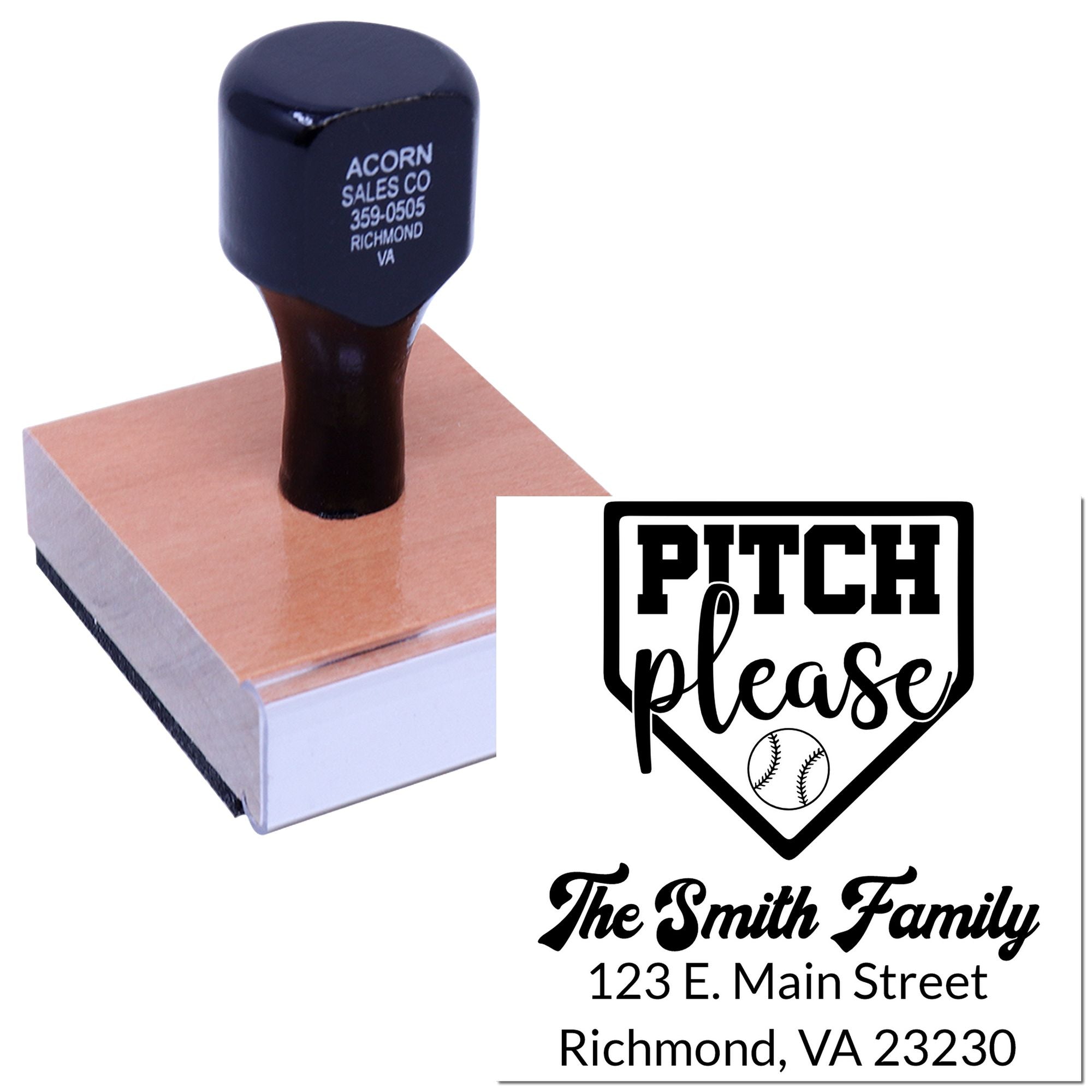 Custom rubber address stamp featuring a baseball Pitch Please design for The Smith Family, Richmond, VA.