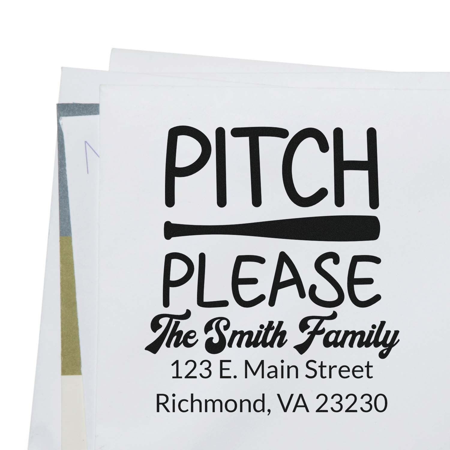 Custom baseball-themed return address rubber stamp with Pitch Please, family name, and address for personalized mail.