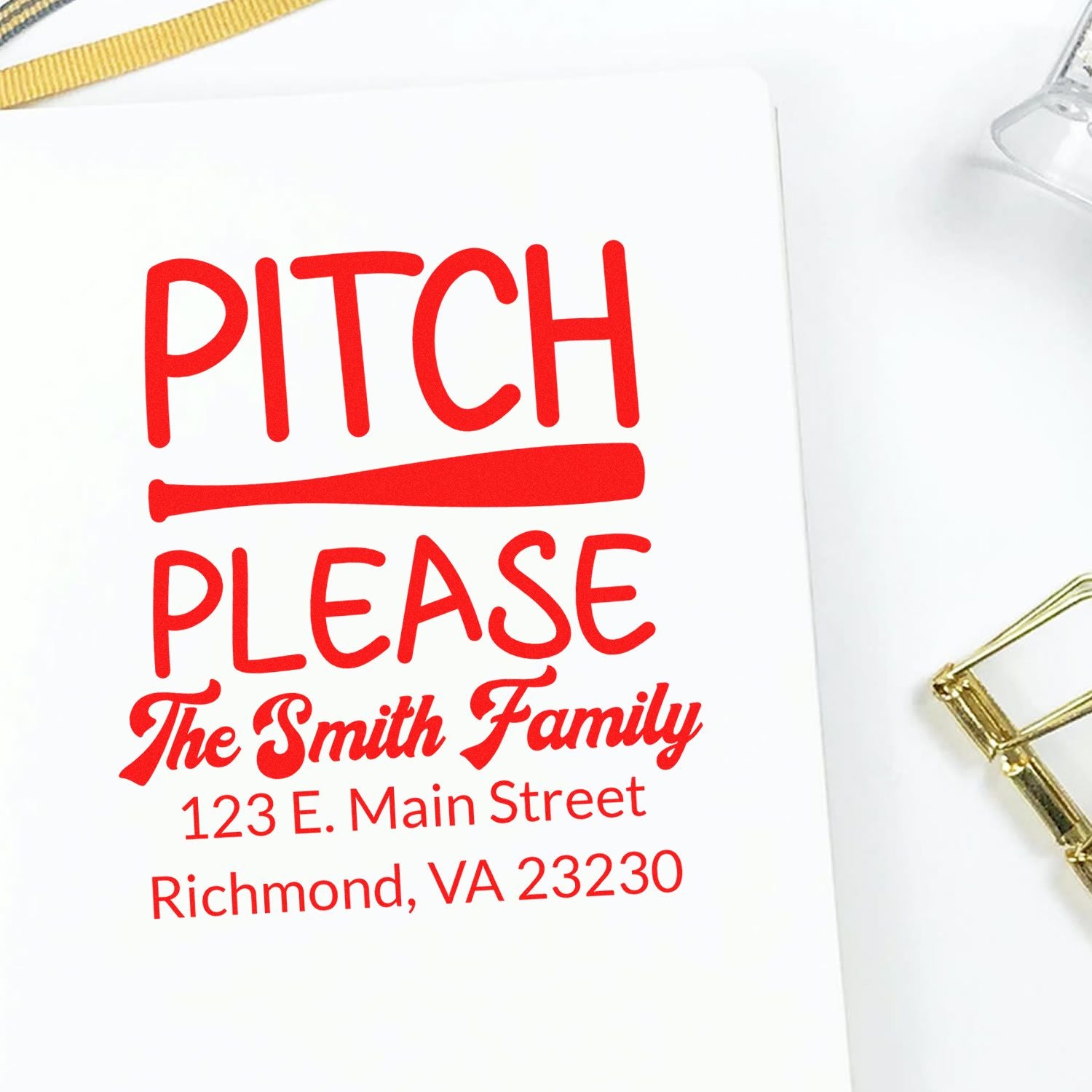 Personalized rubber stamp impression reading Pitch Please with The Smith Family name and Richmond, VA address.