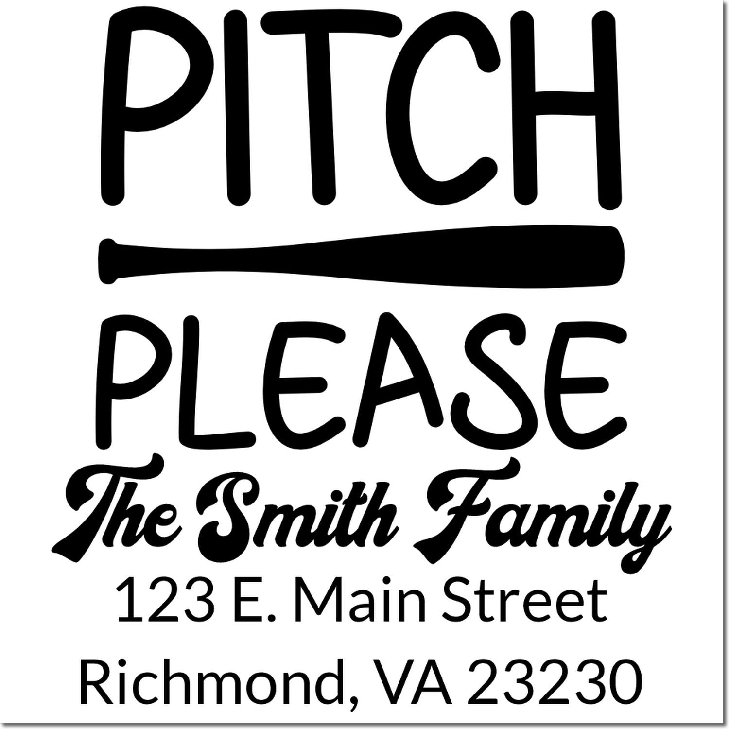 Custom baseball-themed return address rubber stamp for The Smith Family, 123 E. Main Street, Richmond, VA 23230.
